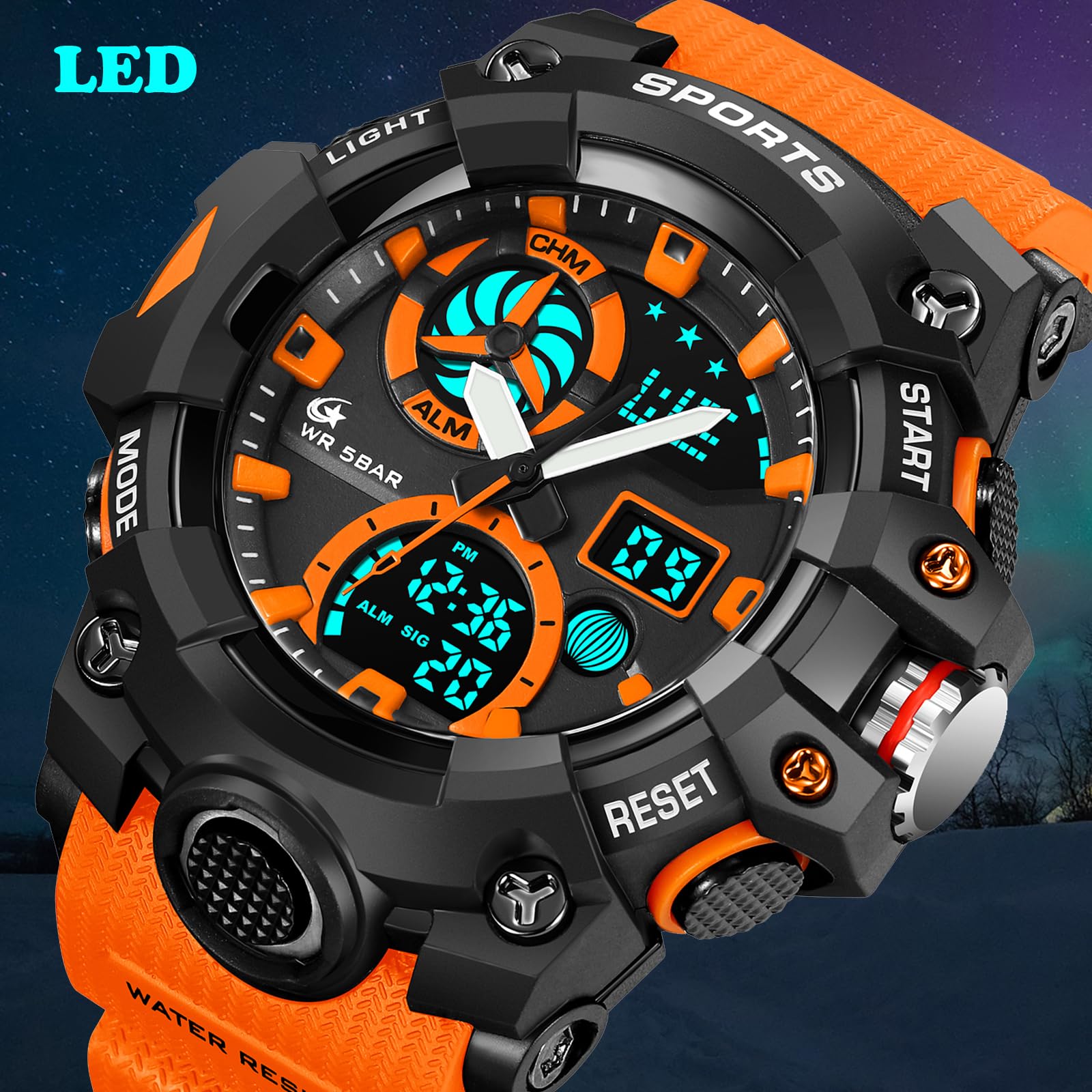 Orologio analogico digitale da uomo, sportivo, arancione, robusto, quadrante grande, doppio quadrante, retroilluminazione a LED, sveglia, cronometro, orologio da polso per allenamento, escursionismo