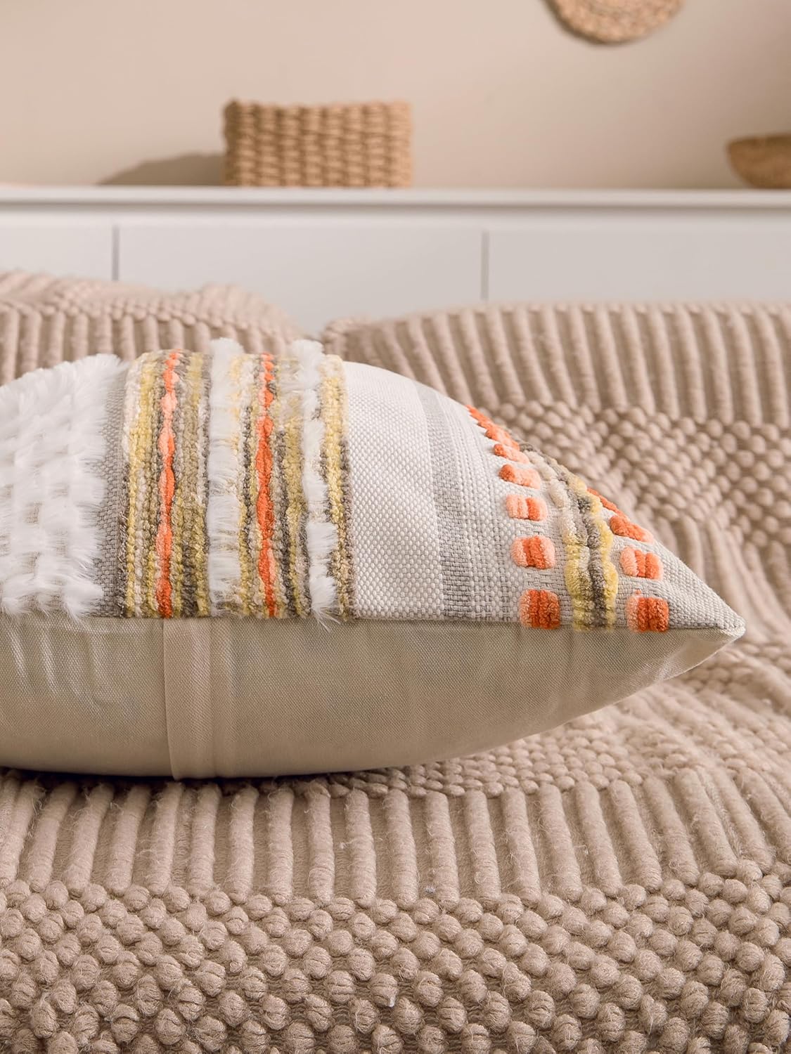 Fall Boho Chenille Tufted Throw Pillow Covers 18x18 Inch Set of 2 Farmhouse Striped Couch Decorative Pillow Covers Accent Neutral Pillowcase Yellow Orange Cushion Cover for Livingroom Sofa Bed - Image 4