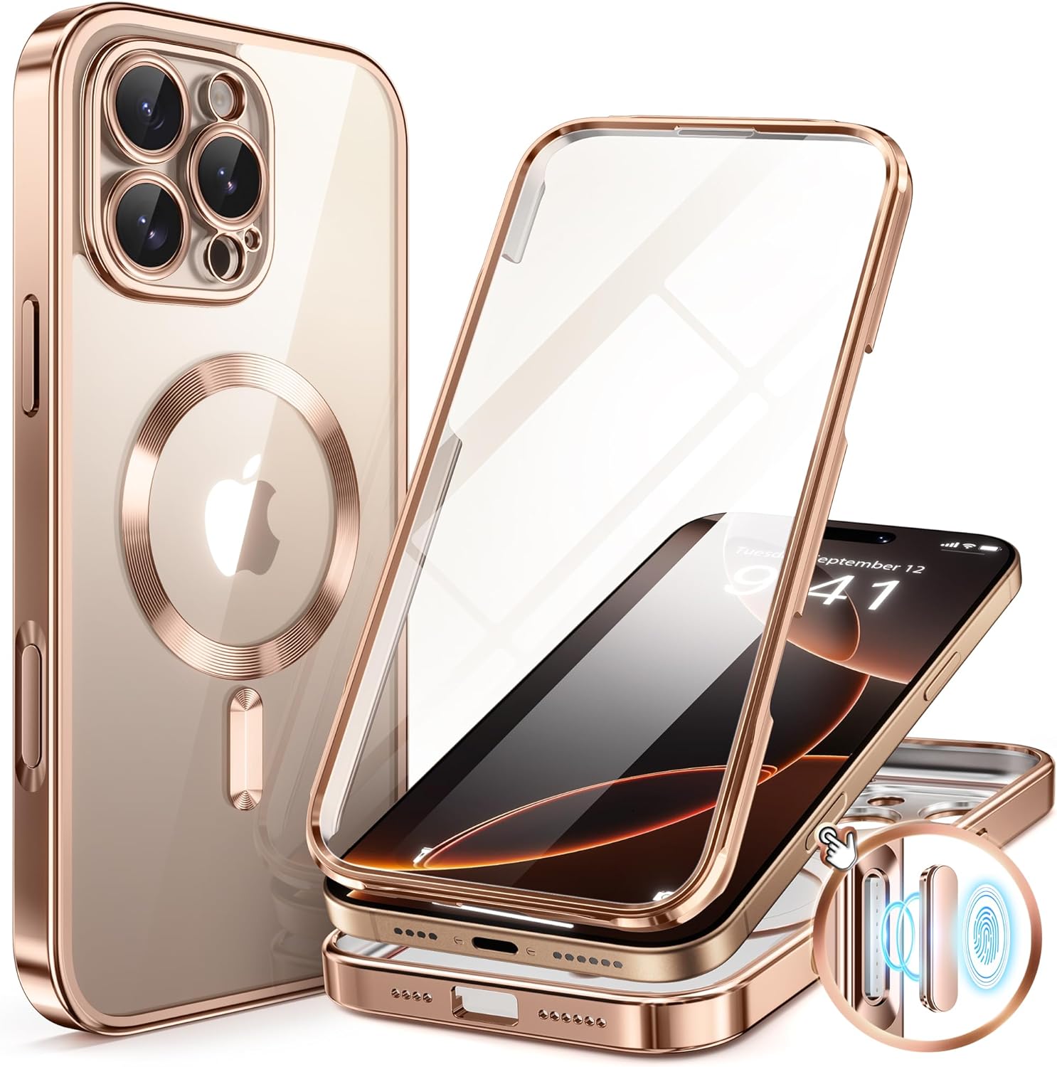 BERFY for iPhone 16 Pro Max Case, Compatible with MagSafe, Built-in 9H Tempered Screen Protector and Camera Protection, Full Body Shockproof Plating Phone Case for 16 Pro Max 6.9", Desert Gold