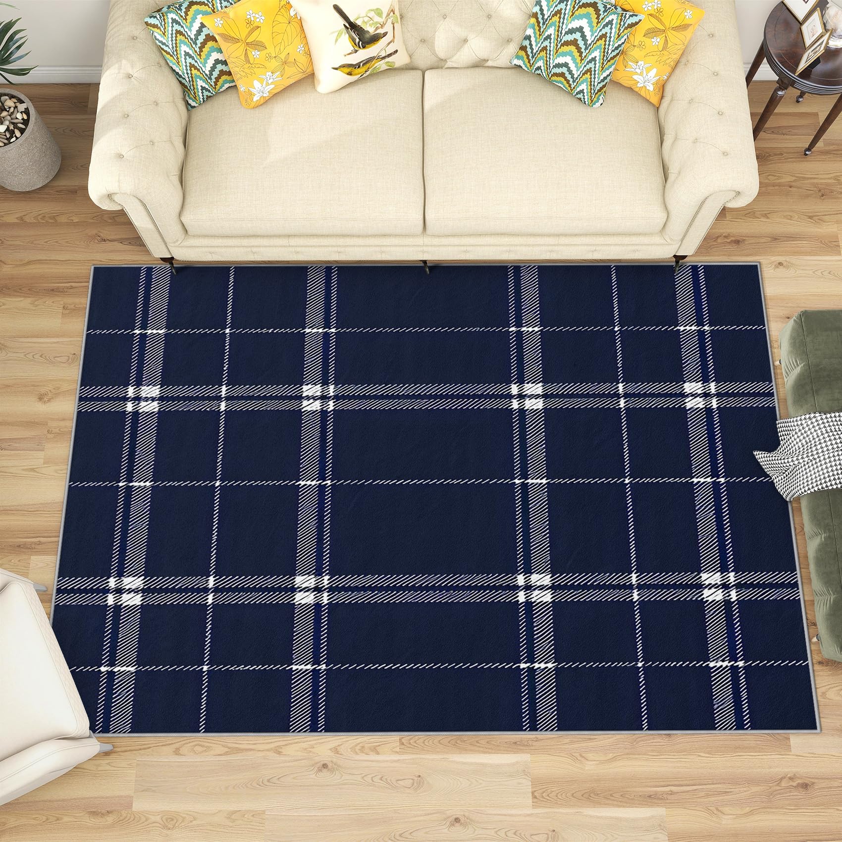 SherAvant Buffalo Plaid Rug Non Slip - 6x9 Rug - Buffalo Plaid Rug - Buffalo Check Area Rug - Navy Blue and White Rugs - Checkered Carpet - Home Decor