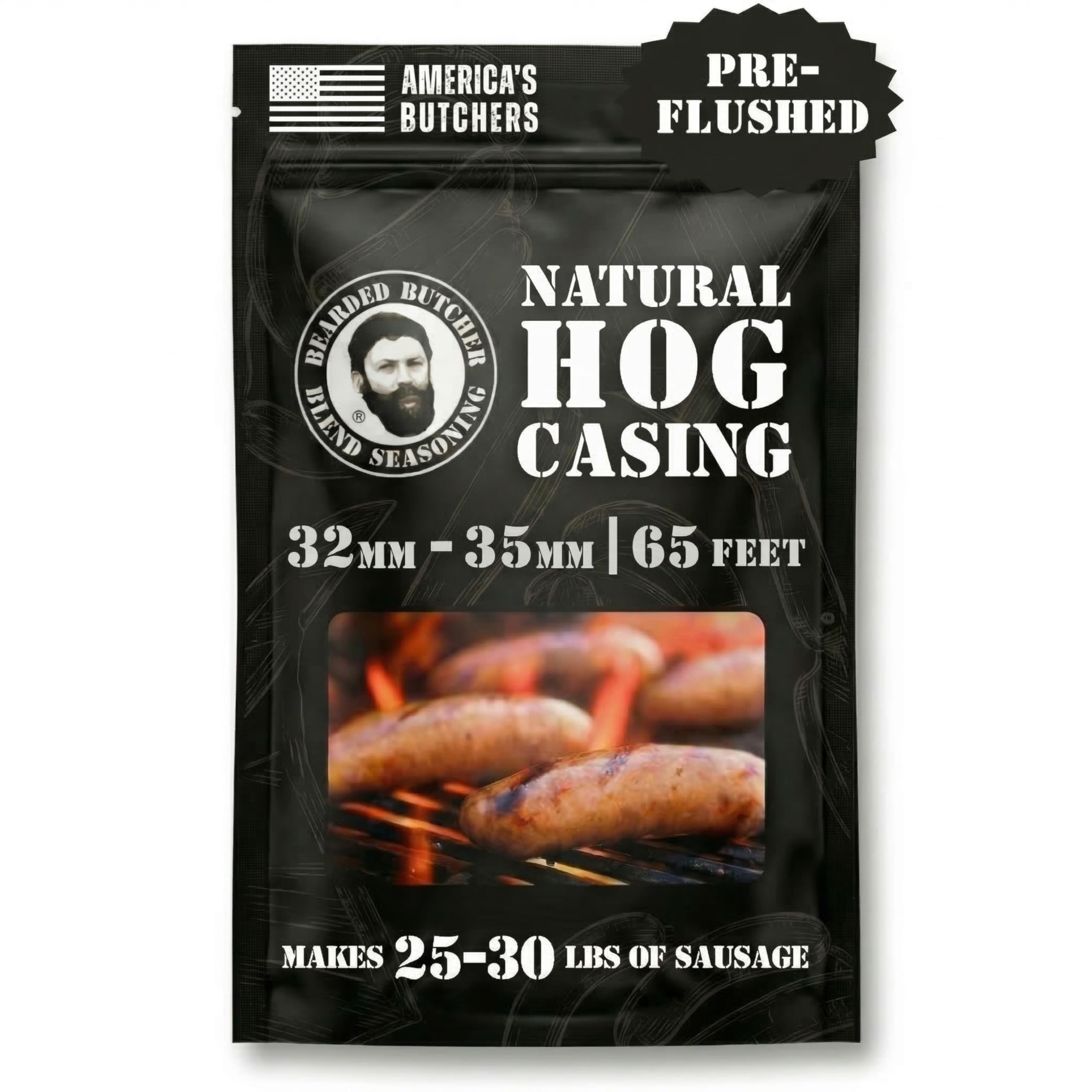 Bearded Butchers Natural Hog Casings 32-35mm – Pre-Flushed, Edible Sausage Casing for 25–30 lbs of Meat – Resealable Bag for Easy Storage – Bratwurst,