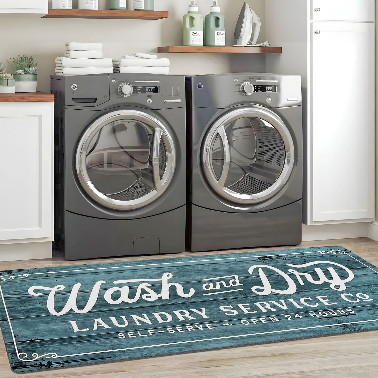 KOZYFLY Laundry Room Rug Runner 24"x72" Non Slip Kitchen Rugs Washable Laundry Room Mat Waterproof Mudroom Floor Carpet Runner Farmhouse Decor, 2x6ft, Cyan, Wash and Dry — image 1