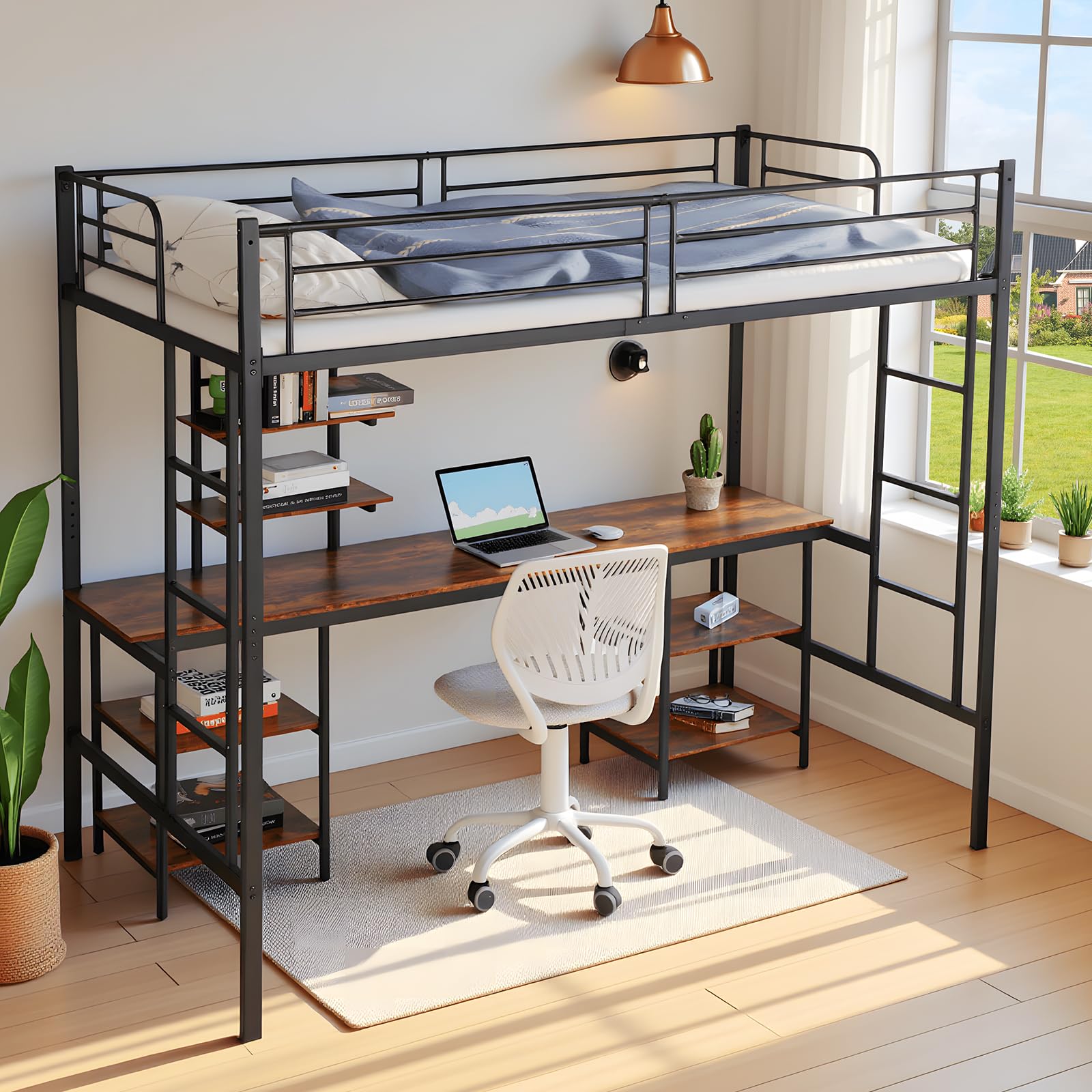 DORAFAIR Cama Mezzanine 90x200 cm de Metal con Escritorio, 3 Estantes y 2 Escaleras, Cama Mezzanine para Niños y Adultos con Láminas de Metal y Barandilla, Estilo Industrial, Negro