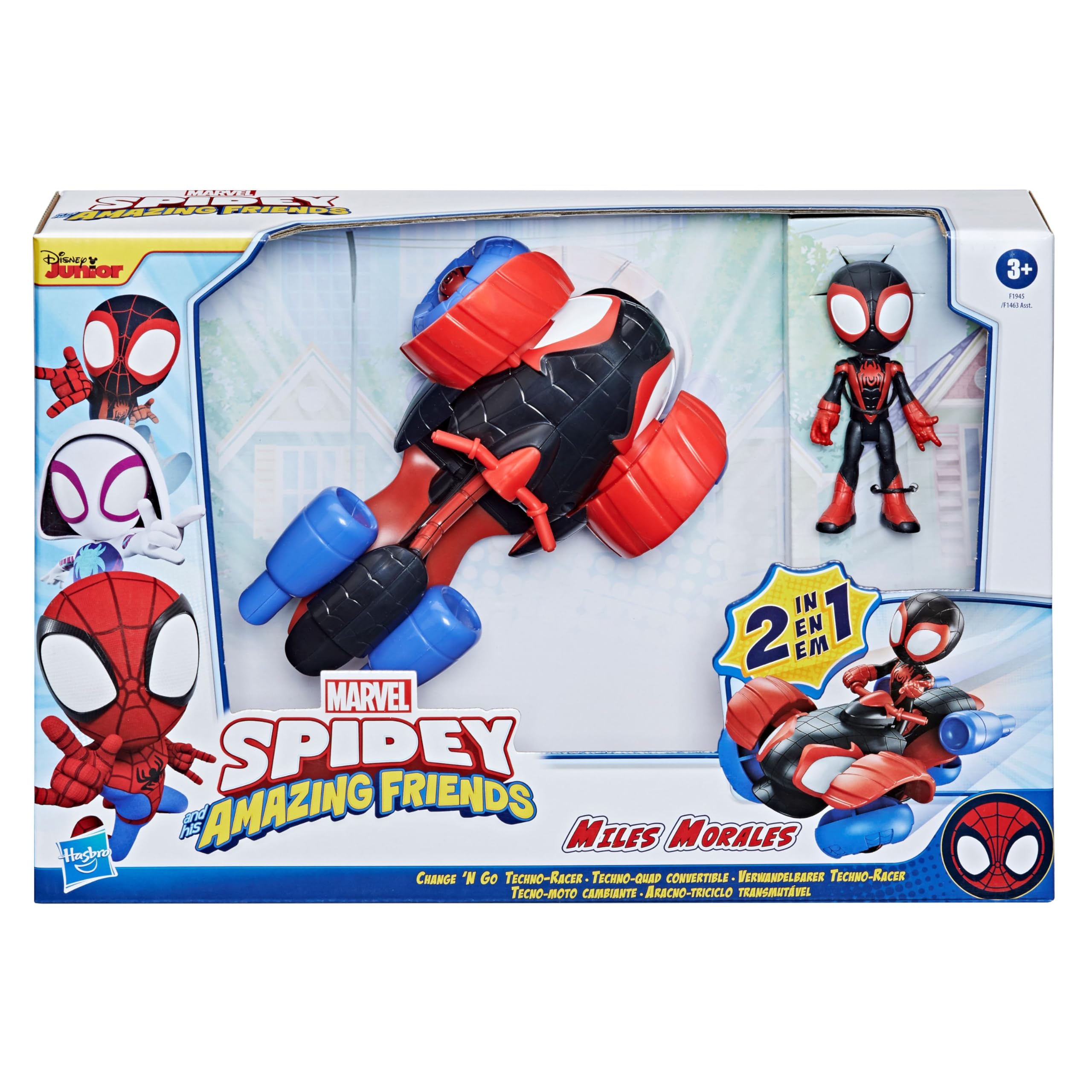 Marvel Spidey and His Amazing Friends Change 'N Go Techno-Racer Vehicle and Miles Morales: Spider-Man 4-inch Action Figure,for Kids Ages 3 and Up,Black