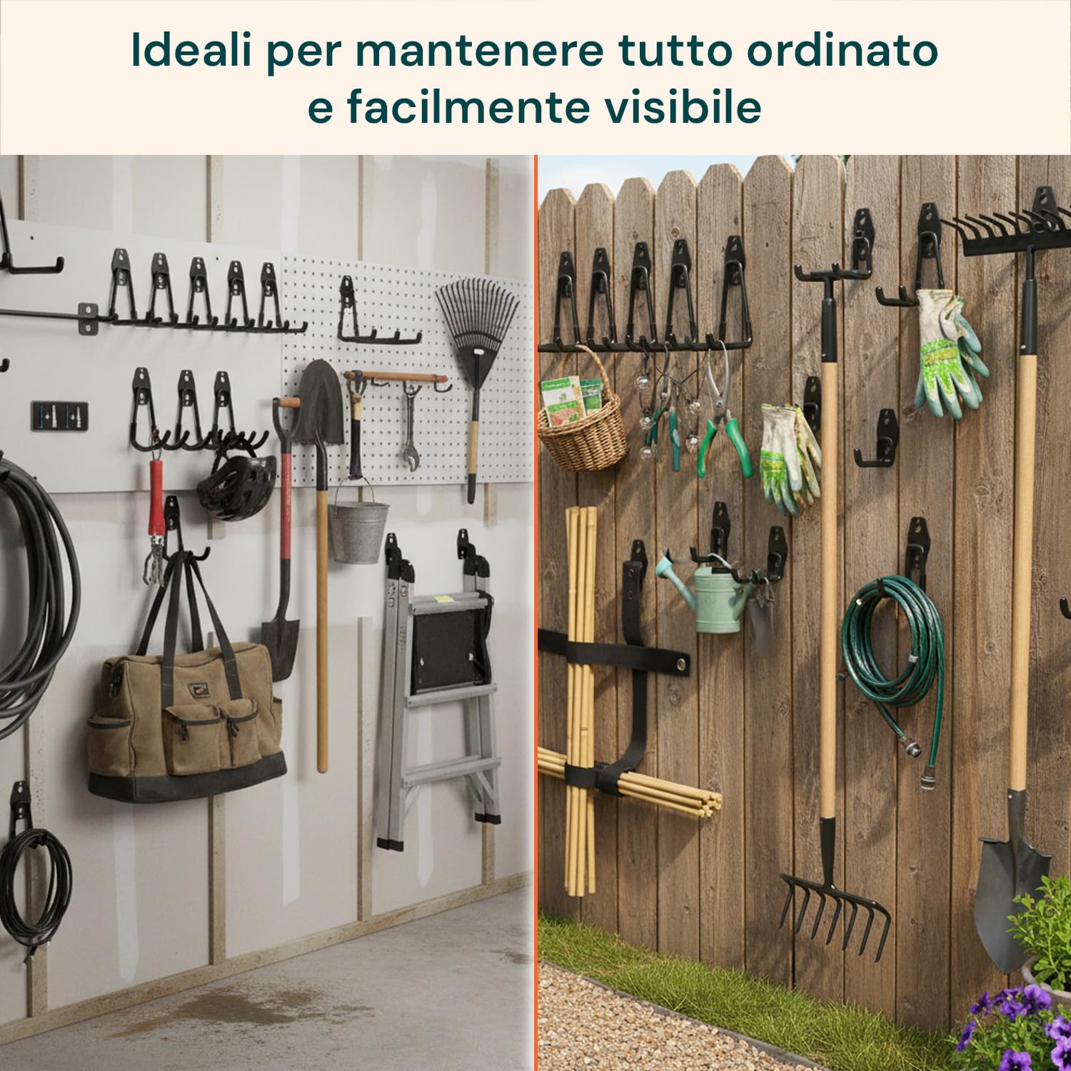 Set 16 Ganci da Parete per Garage e Officina – Porta Bici da Muro, Portabici e Porta Attrezzi da Giardino in Acciaio con Rivestimento PVC Antiscivolo – Organizer Garage Salvaspazio