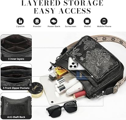 Crossbody Bags for Women, Medium Vegan Leather Purses | Large Capacity Multi-Pocket Embossed Shoulder Bag with Boho Strap for Daily Travel