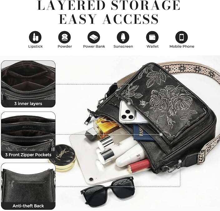 Crossbody Bags for Women, Medium Vegan Leather Purses | Large Capacity Multi-Pocket Embossed Shoulder Bag with Boho Strap for Daily Travel
