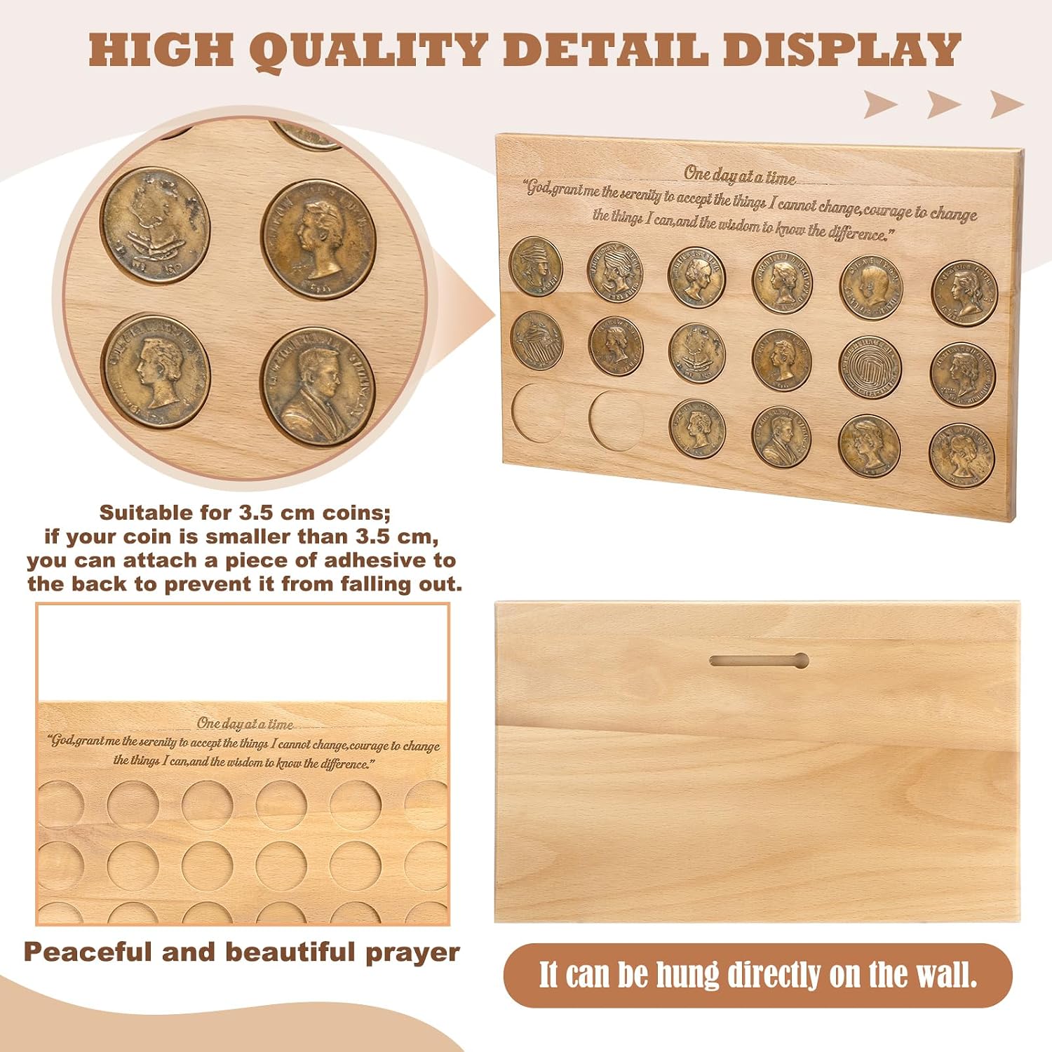 AA Coin Holder Display Solid Wood Sobriety Coin Display Case for 1.38 Inches NA Medallions Holds 18 Sober Recovery Chips Sobriety Gifts for Men Women Support and Inspirational