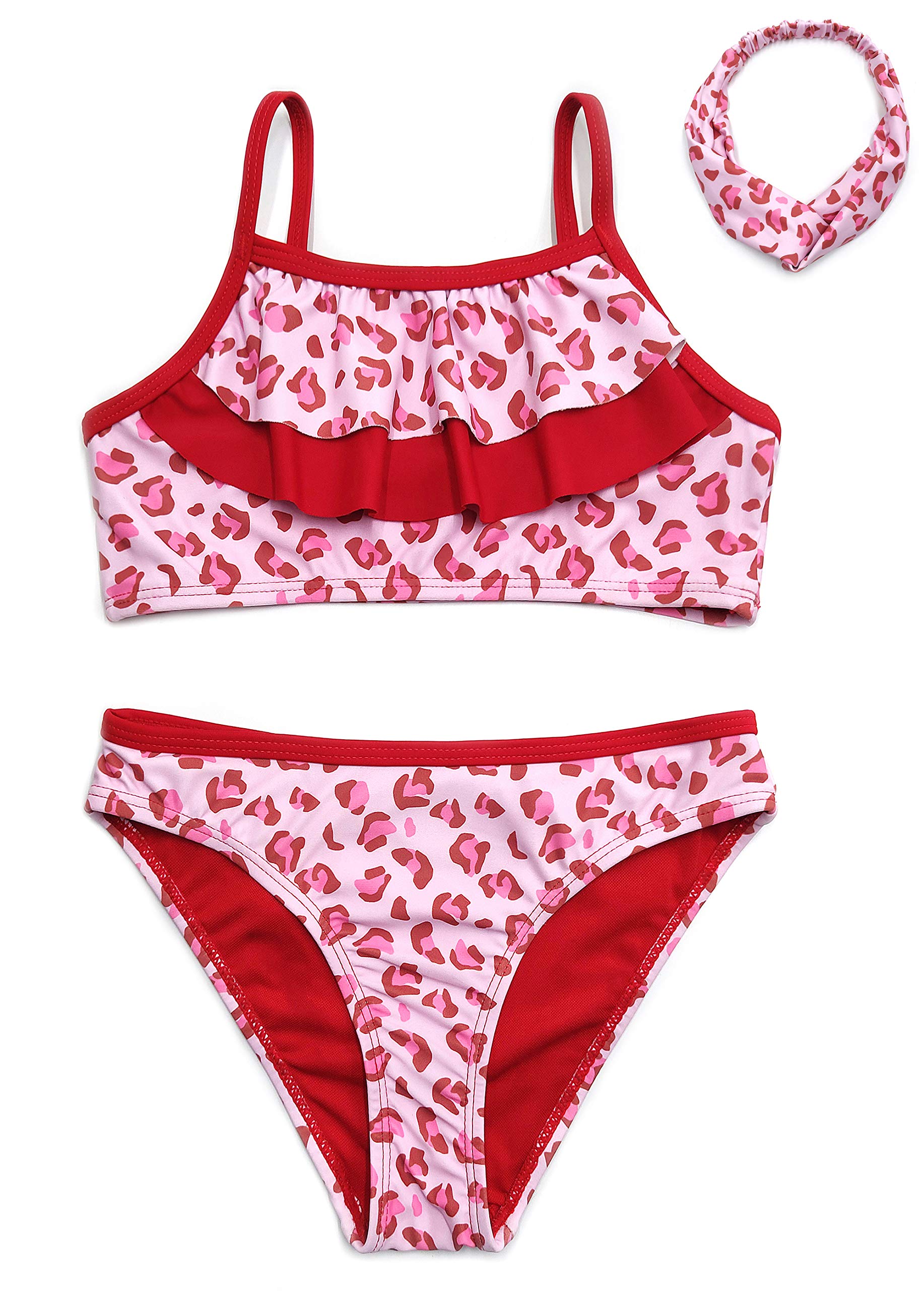 SHEKINI Bikini de Tres Piezas para Niñas Conjunto de Diadema Correas Espaguetis con Volantes Bikini de Cintura Baja Pantalones Traje de Baño de Leopardo Dulce Bikini