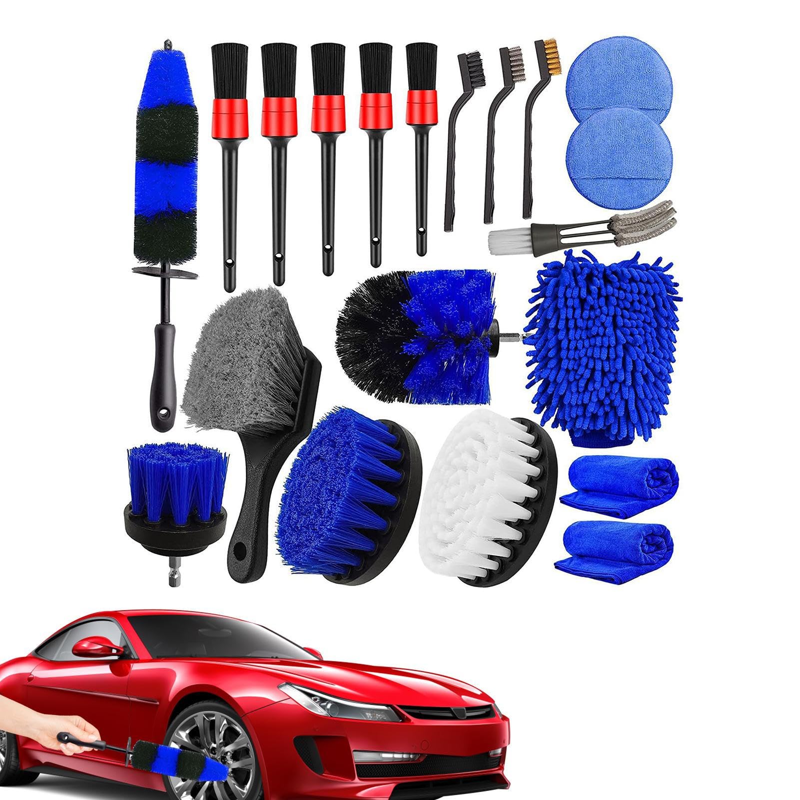 Kit di Pulizia per autolavaggio Esterno,Kit di Pulizia per Auto | Interno | Guanti da Lavaggio da 20 Pezzi per spazzole per Trapano per Dettagli Automatici - Kit Professionale per la Cura