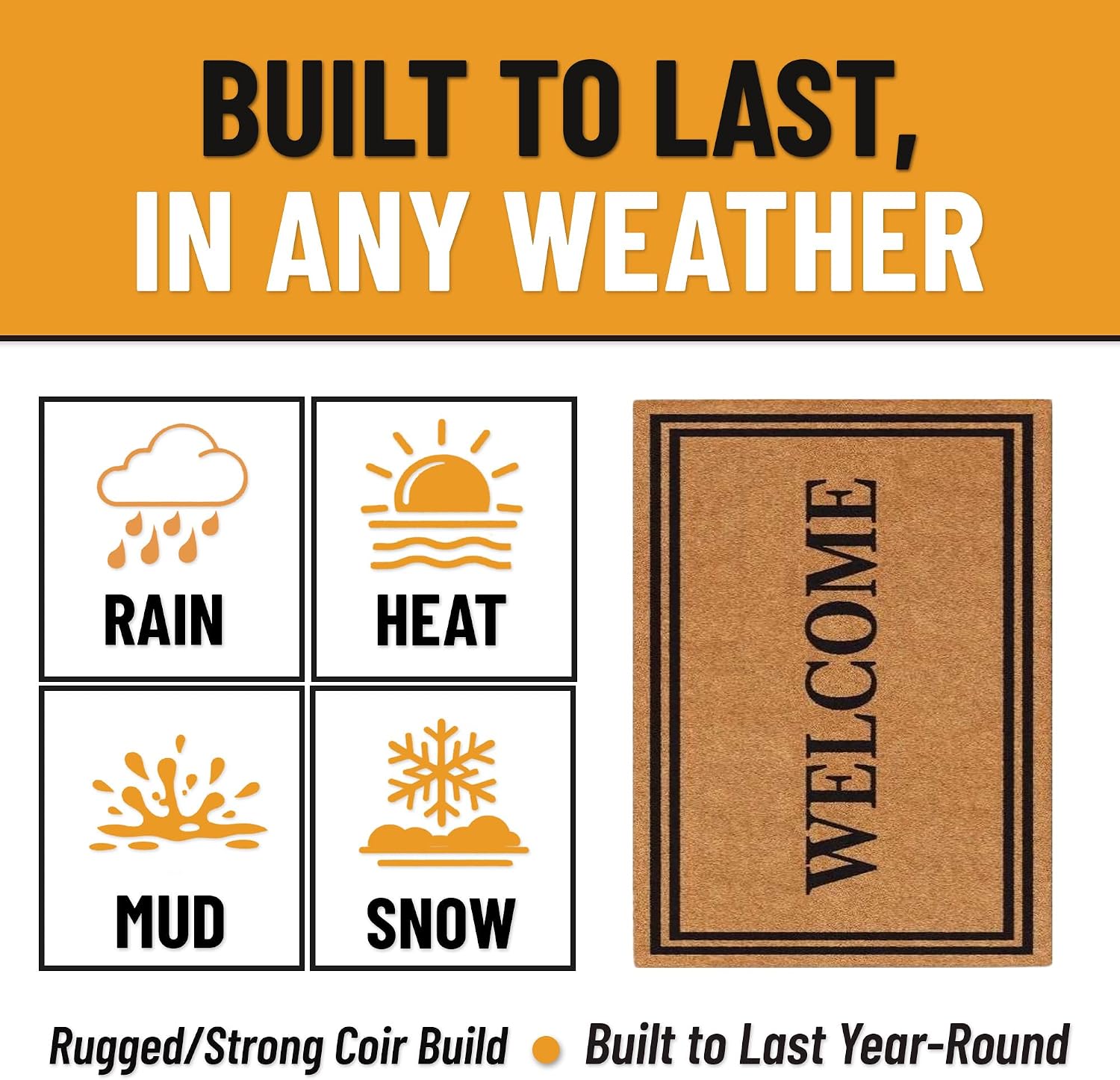 Ottomanson Coco Coir Front Door Mat – Heavy Duty Natural Coir Welcome Mat, Non-Slip Outdoor Entryway Rug, Dirt Scraper Door Mat for Porch & Entrance, Welcome, 24" x 36"