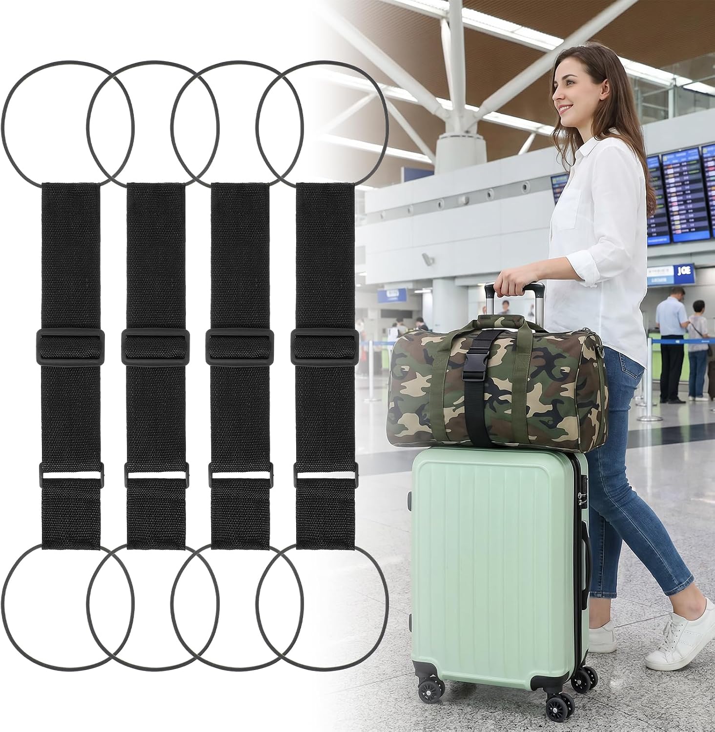 Amabro 4Pcs Luggage Straps, Adjustable Bungee Elastic Connector Belt Add Extra Bag Luggage Belts Accessories for Travel with Heavy-Duty for Suitcases Handle Lightweight Securing Carry Essentials