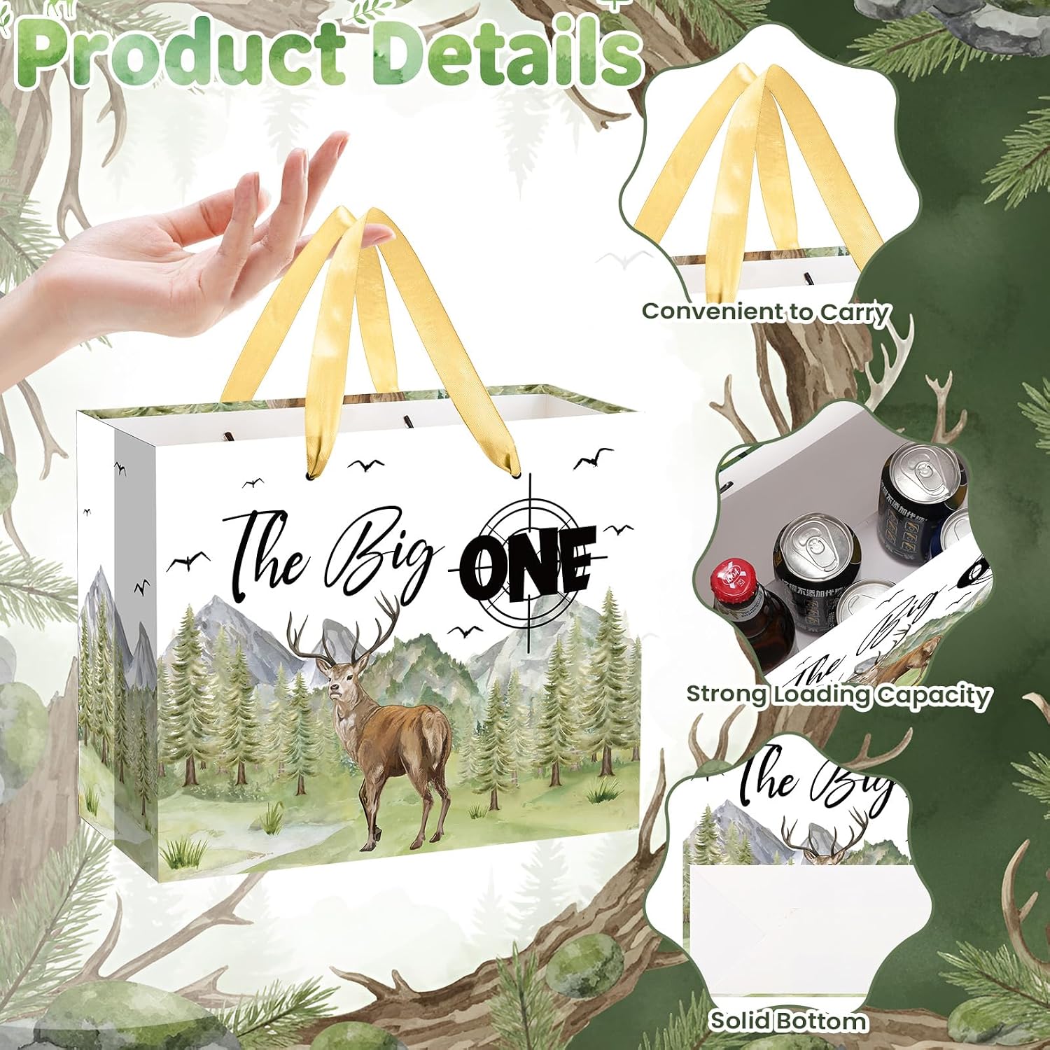 Deer Hunting Theme 1st Birthday Gift Bags The Big One Gift Bag with Greeting Card and Tissue Paper Watercolor Deer Wrapping Paper Bags for Boys Gone Hunting Themed One Year Old Birthday Party Supplies