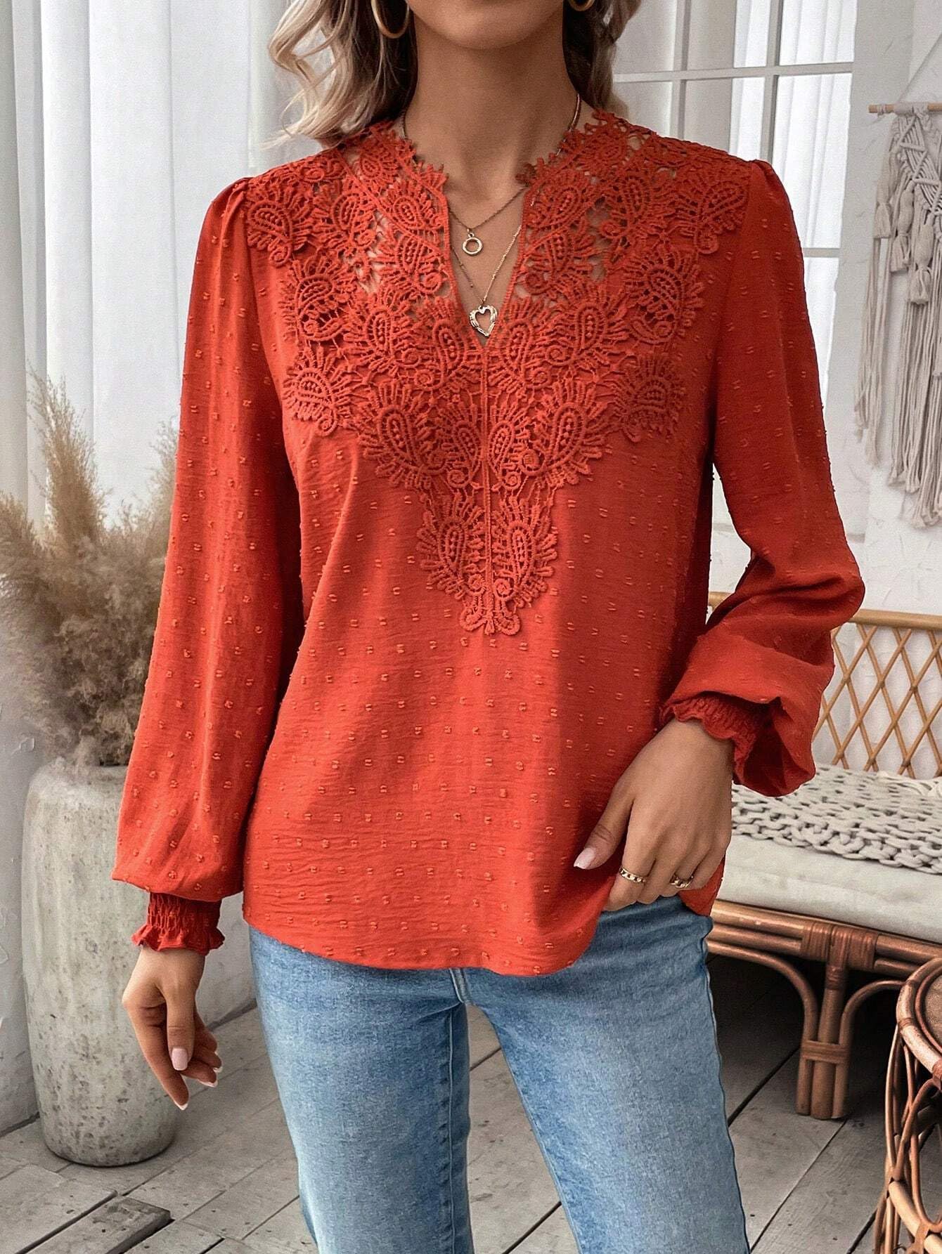 Camicetta da Donna in Pizzo, Elegante, Scollo a V, Volant, Maniche Lunghe, alla Moda, Stile Casual, Stile Bohémien