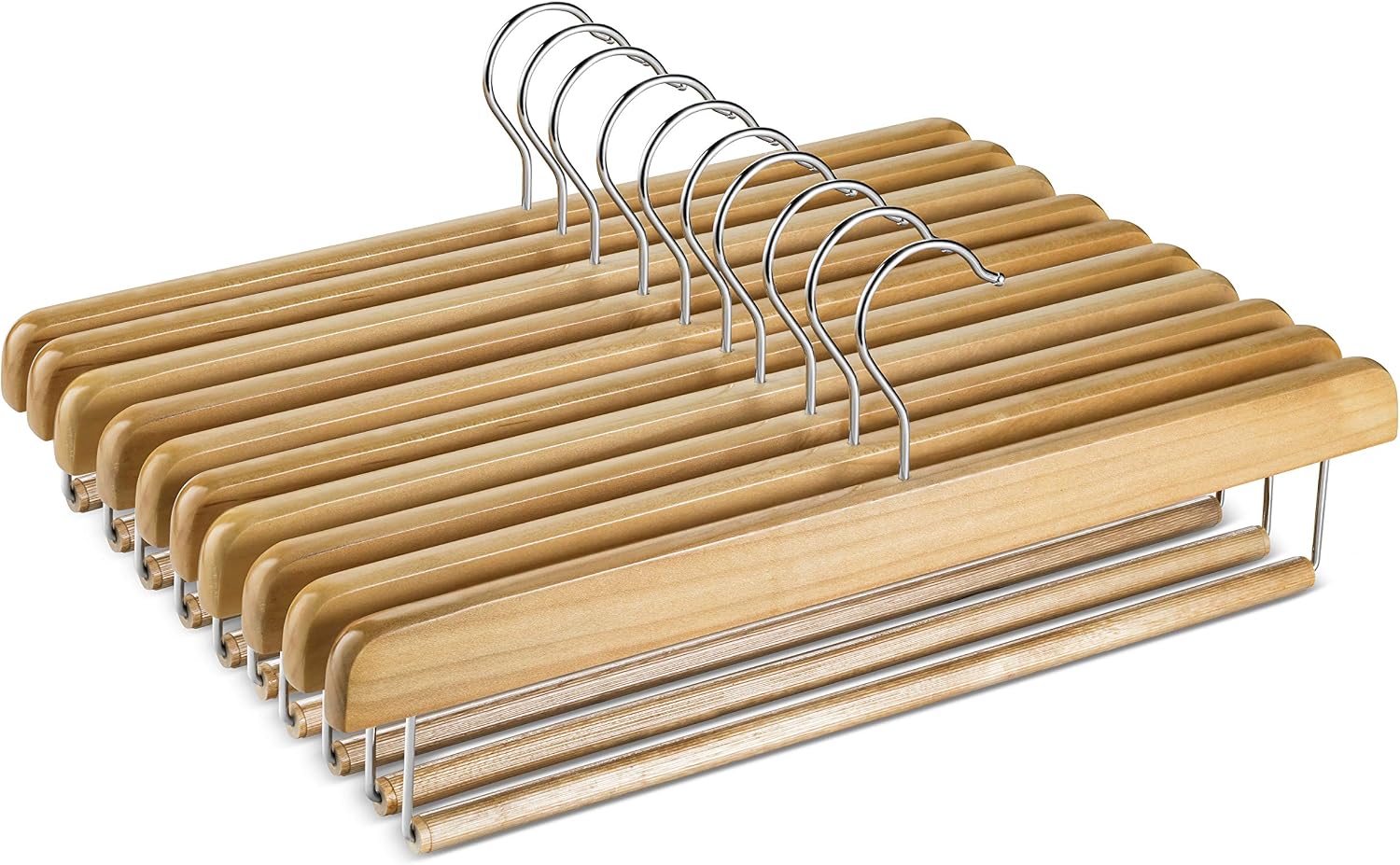 High-Grade Wooden Slack/Trouser Pants Hangers with Non Slip Bar Smooth Finish, Durable Wooden Hangers - Slim & Sleek Space Saving Closet Hangers, 360° Hook- Ideal for Pant, Jeans, Slacks