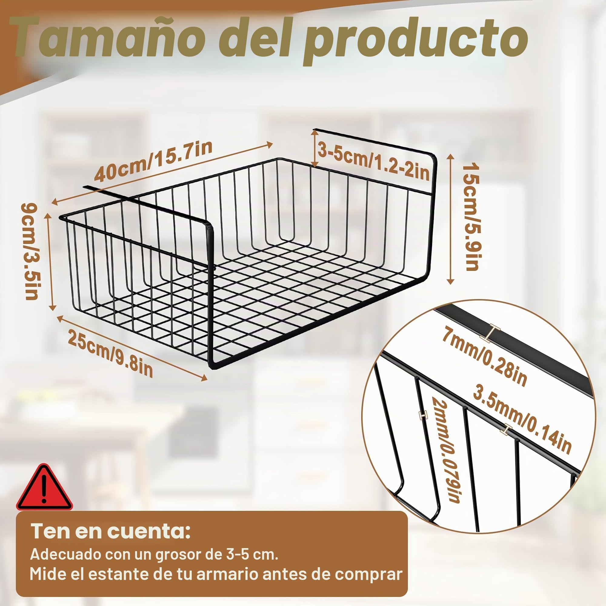 FIVMEN 2 Estantes Inferiores, Cesta Colgante de Metal, Cesta de Almacenamiento, Organizador para Cocina, Oficina, Despensa, Baño, Armario, 40 x 25 x 15 cm, Negro