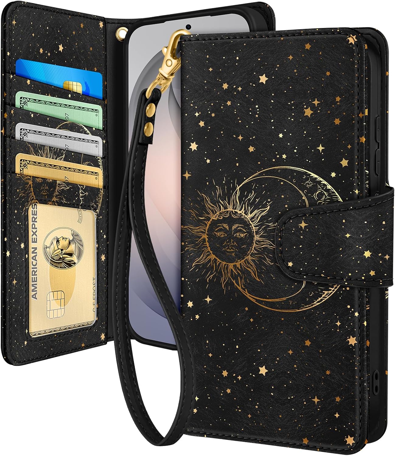 Toycamp for Samsung Galaxy S26 Ultra Wallet Case with Wrist Strap - Leather Flip Folio Phone Case with RFID Blocking 4 Card Slots Galaxy S26 Ultra Funda Cute Aesthetic for Women Lady, Black Sun Moon