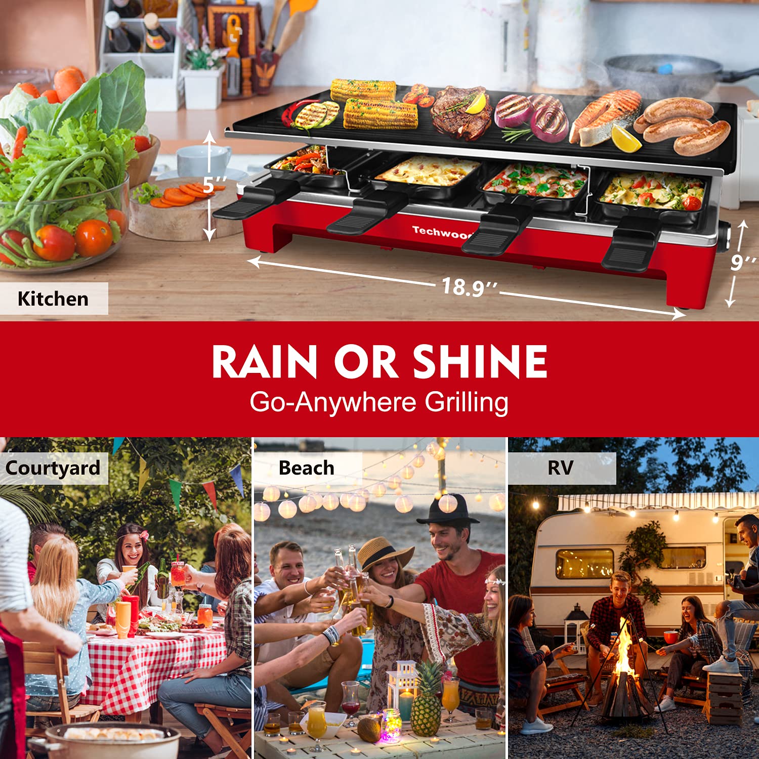 Raclette Table Grill, Techwood Electric Indoor Grill Korean BBQ Grill, Removable 2-in-1 Non-Stick Grill Plate, 1500W Fast Heating with 8 Cheese Melt Pans, Ideal for Parties and Family Fun (Red)