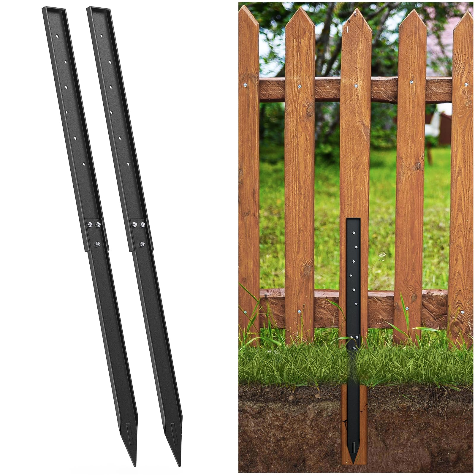 KHAMAL Fence Post Repair - 2 Pack Fence Post Stakes Ground Spike for Broken Wood Fence Post Quick and Simple to Install (Black)