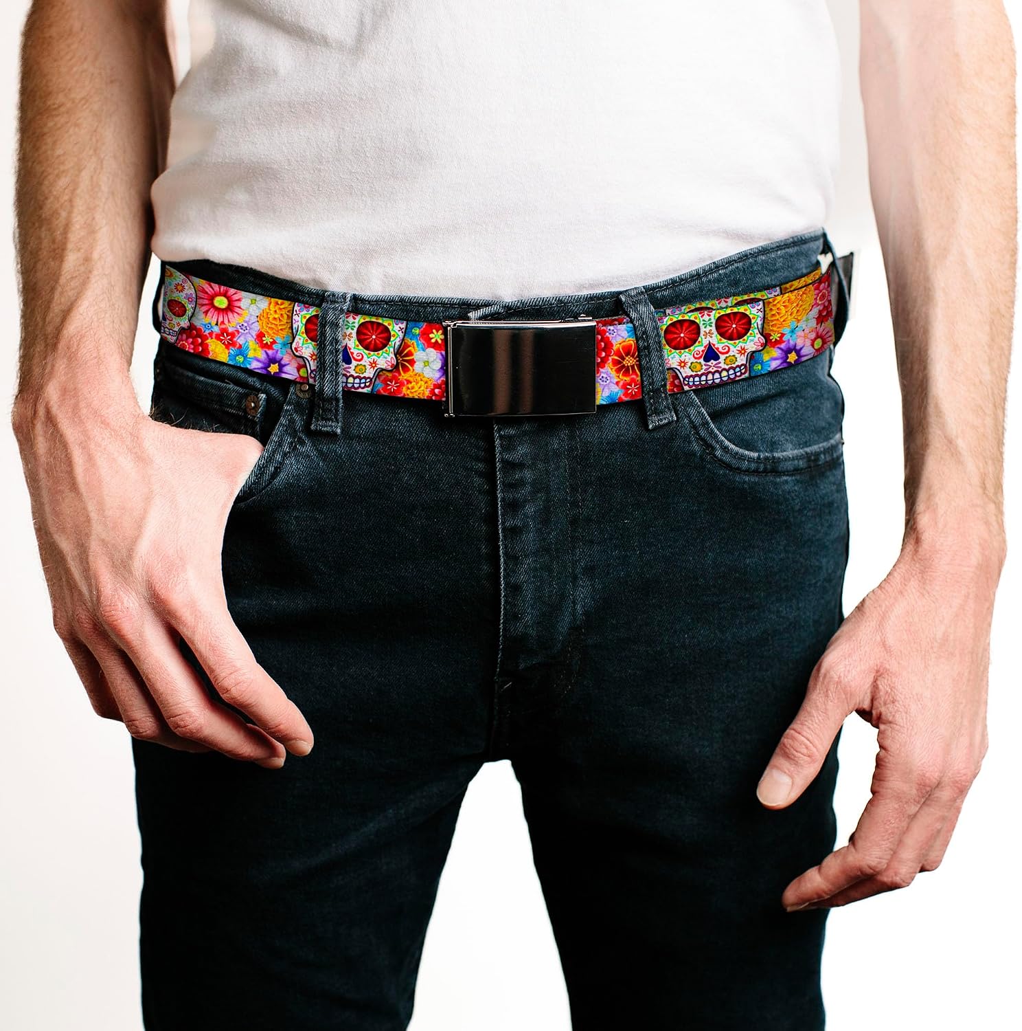 Buckle-Down Web Belt - Sugar Skull Starburst White/Multi Color