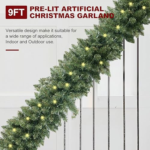 Miniatura 4 de Guirnalda de Navidad preiluminada de 9 pies, 50 luces LED artificiales para escaleras, pared, puerta, interior y exterior, guirnalda con