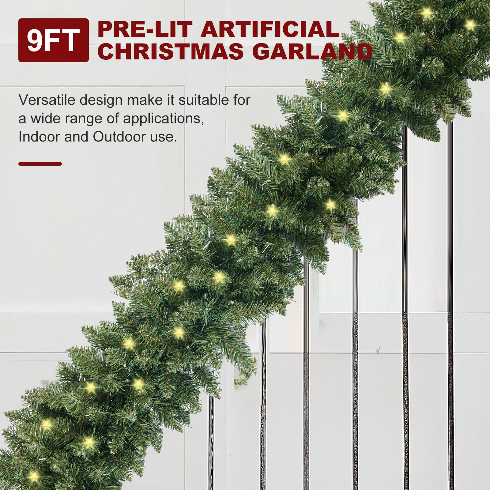 HomeKaren Kerstslinger 9ft met 50 led, 320 tips Prelit Fraser Spar Xmas Garland met 50 LED-verlichting, weelderige en klassieke groene stijl voor binnen en buiten huisdecoratie
