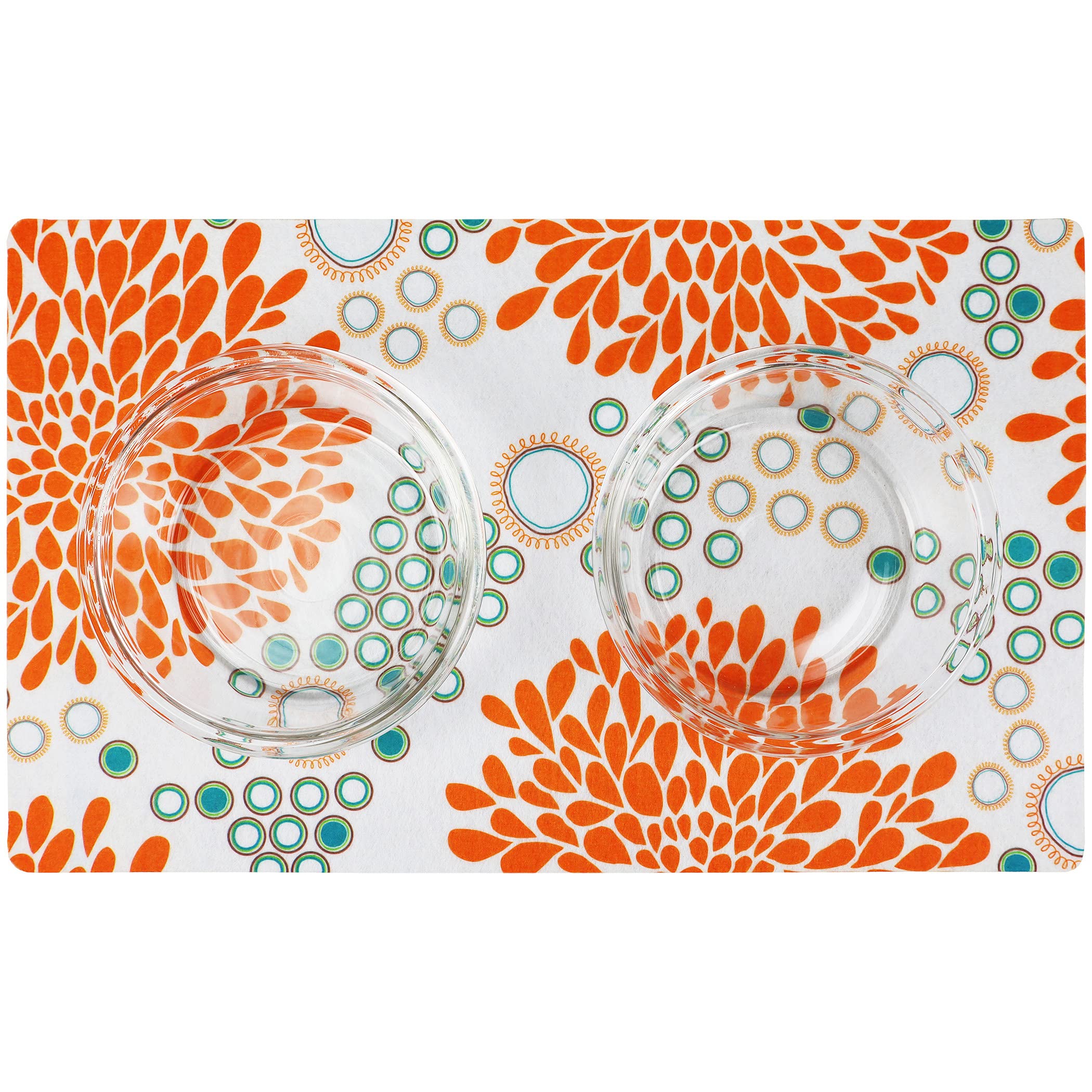 Drymate Futternapf-Platzset, Futtermatte für Hunde und Katzen, saugfähiger Stoff, wasserdichte Unterseite, rutschfest, maschinenwaschbar, langlebig, 30,5 x 50,8 cm, Orange/Türkis