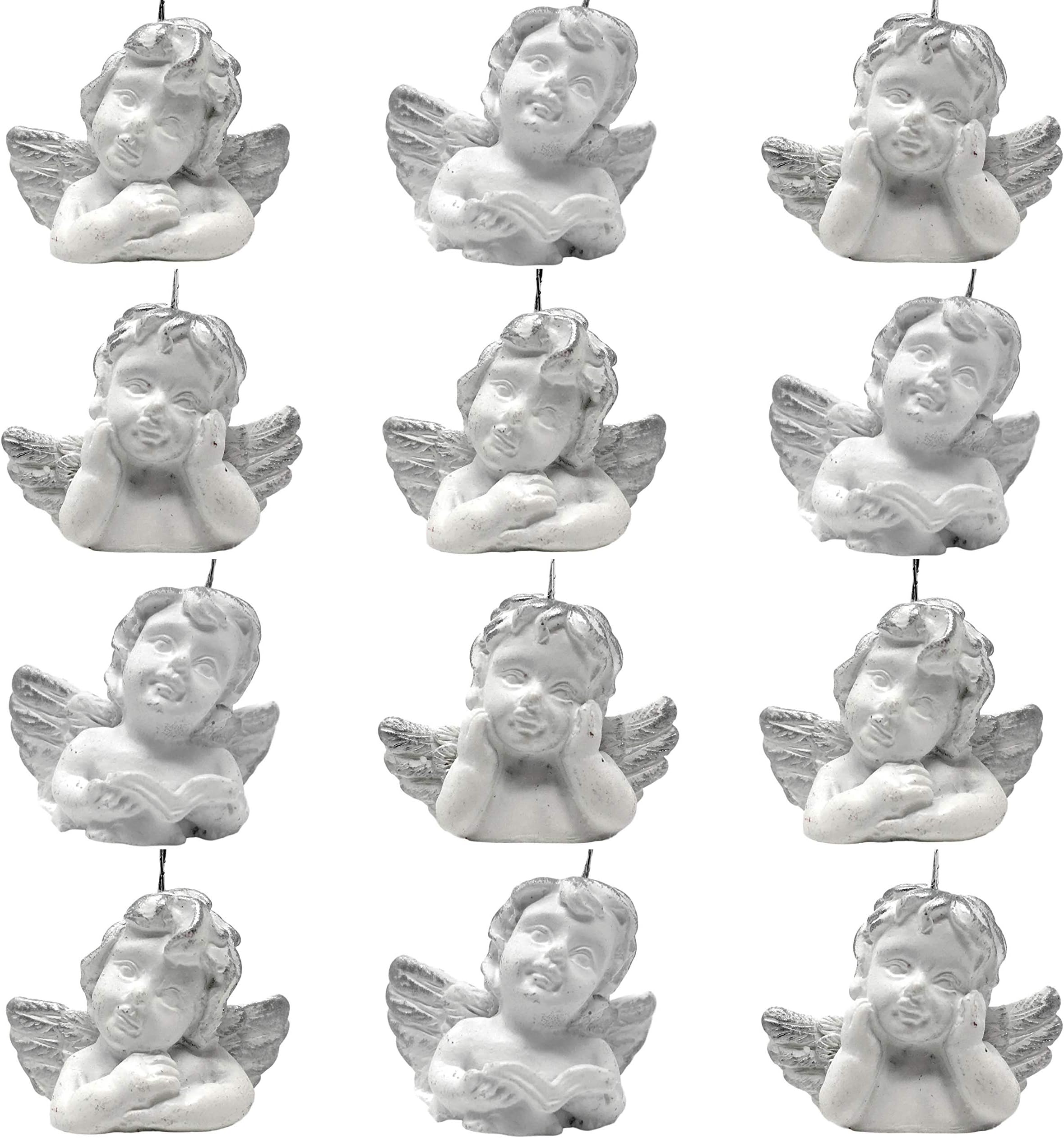 BANBERRY DESIGNS Cherub Angels Christmas Tree Ornaments - Set of 12 - Three Poses White with Silver Accents - Each is 1" X 1"