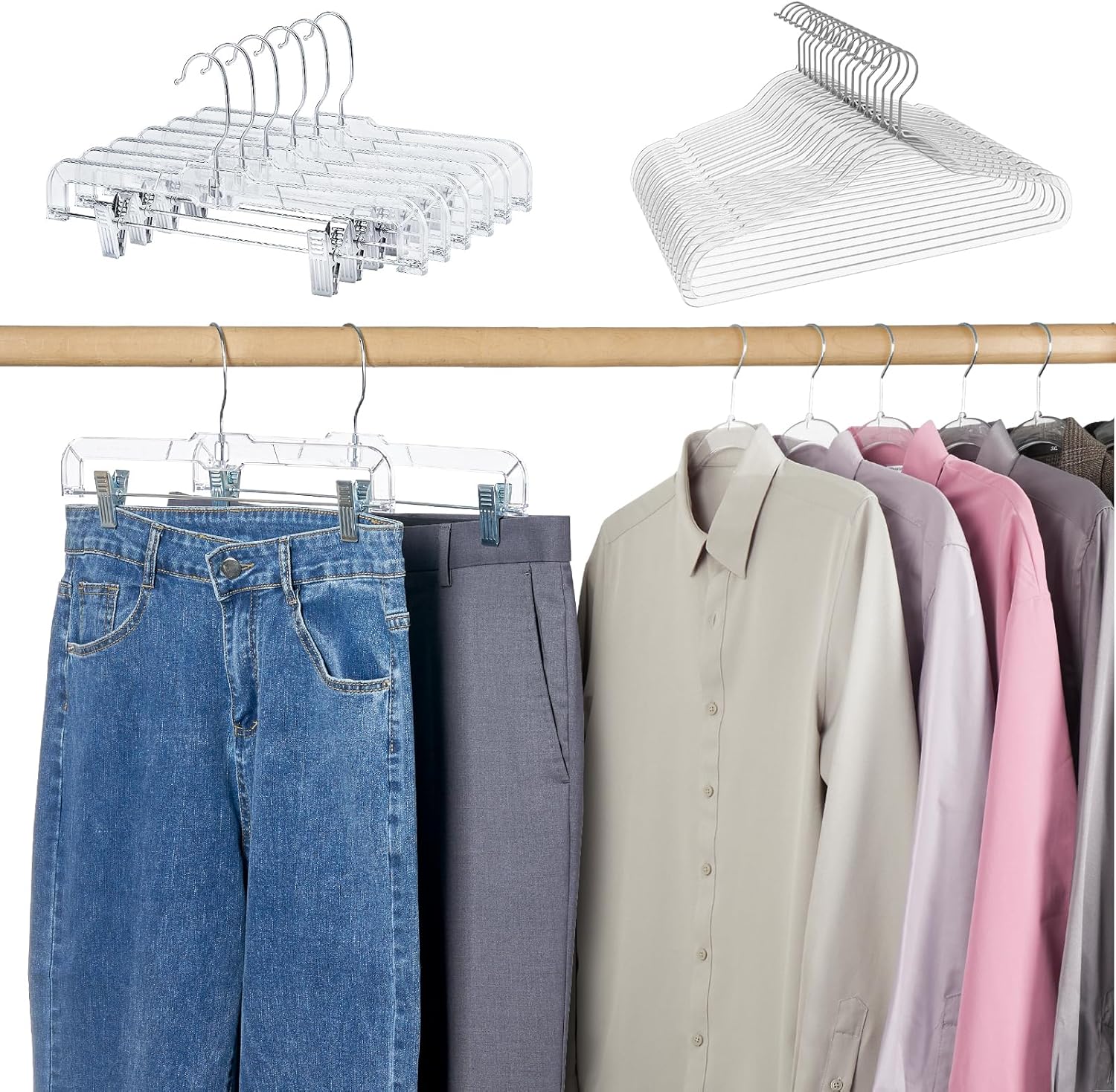 Clear Hangers Set，50 Pack Clear Pant Hangers and 50 Pack Clear Plastic Hangers for Closet & Retail Use