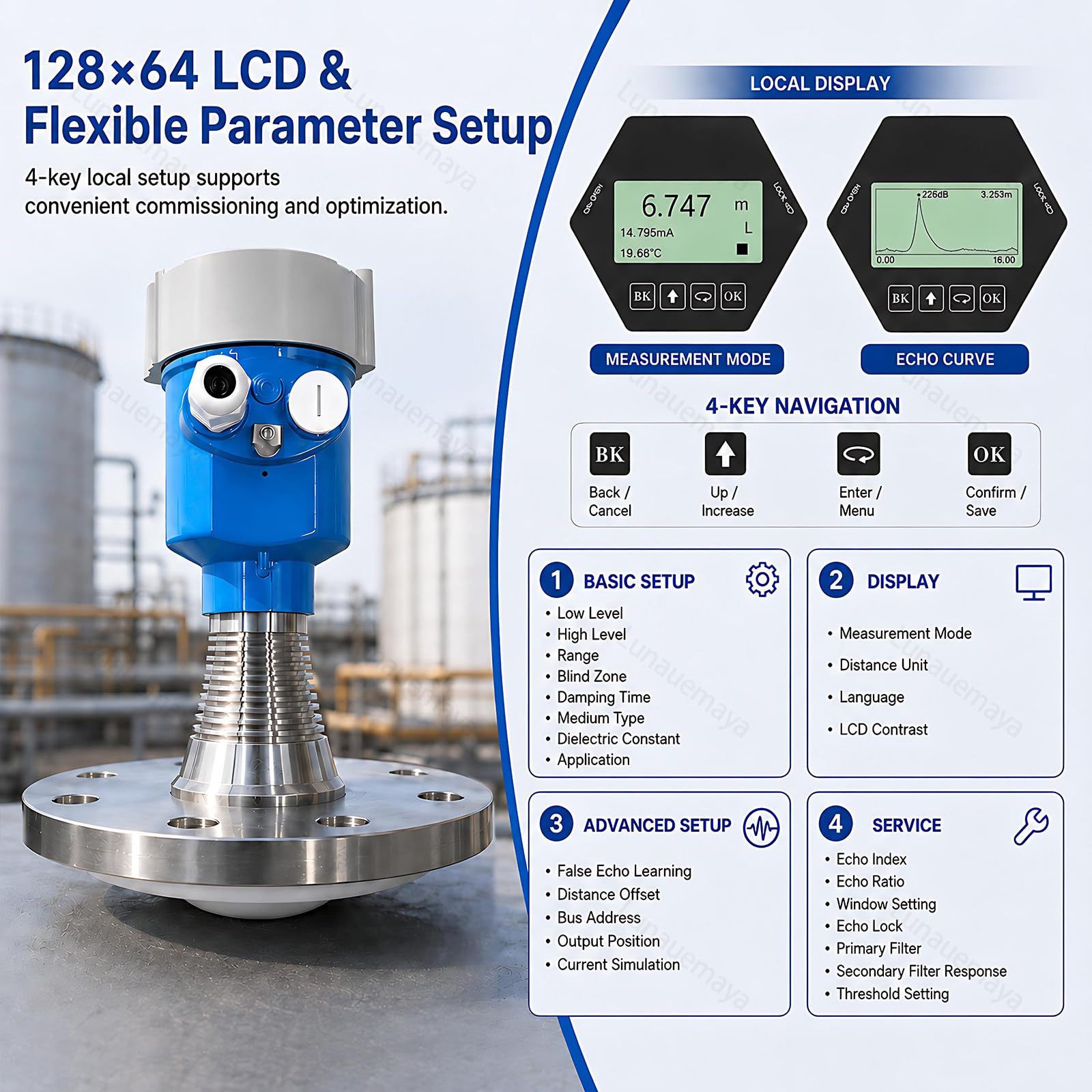 Radarowy Czujnik Poziomu 80 GHz z Wyświetlaczem LCD, Zasięg 20m DN150 Flange