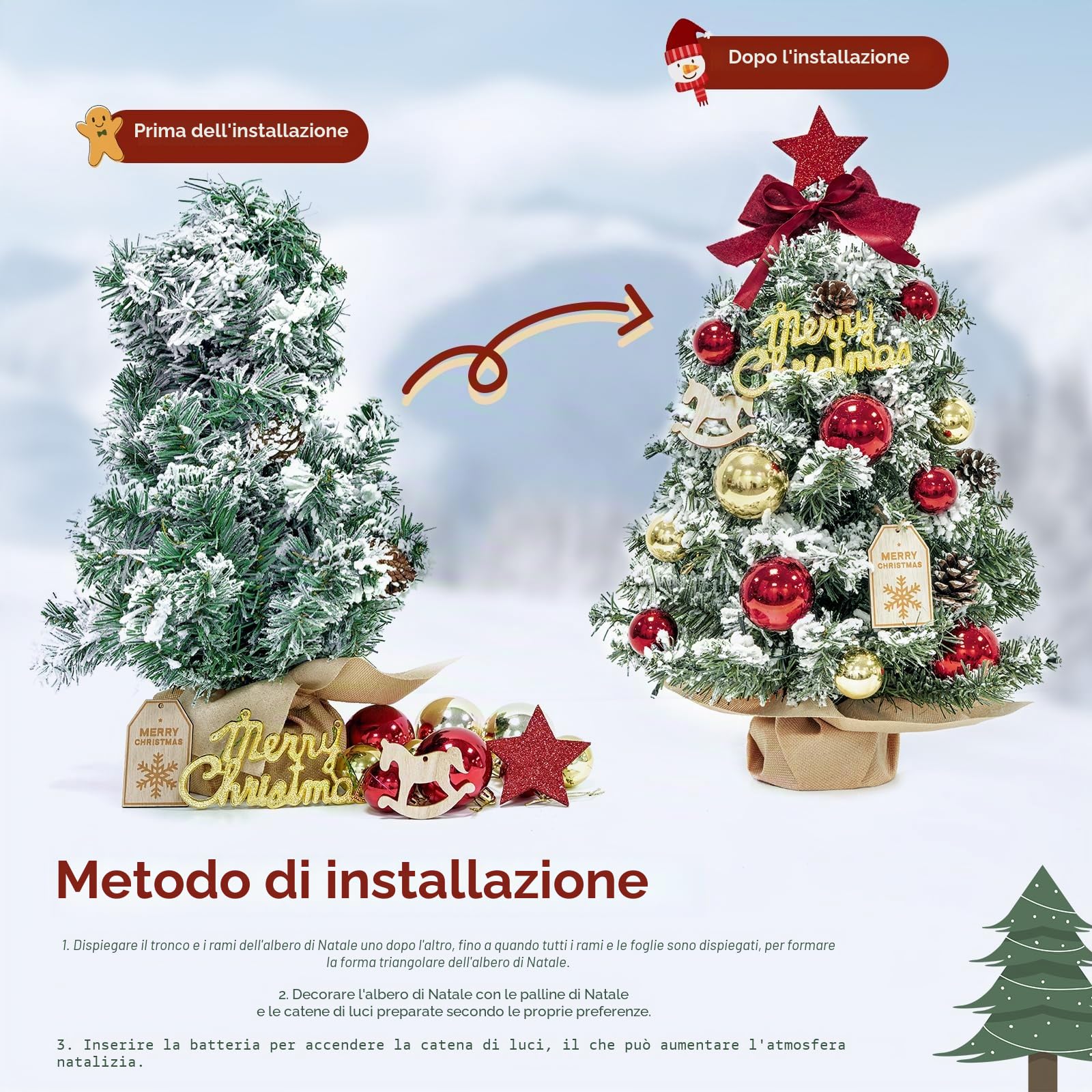 DEWUR Mini albero di Natale piccolo con illuminazione da tavolo a LED, piccolo albero di Natale decorato artificialmente, per decorazioni natalizie (60 cm, rosso con oro), F08-F11