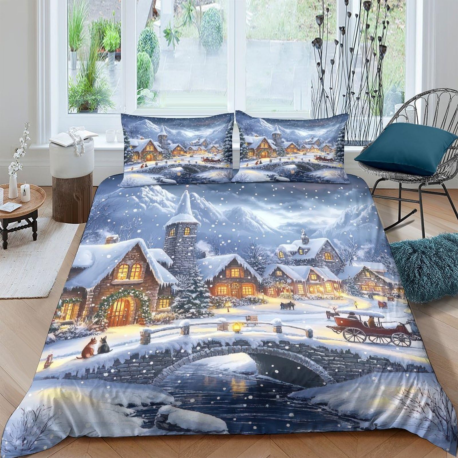 Ctjqhvkz Style-4 3D Printed Winter Village Fitted Sheet Microfiber Soft Bed Cover Snowy Night Mattress Protection For Bedroom Guest Room Single（135X200cm）