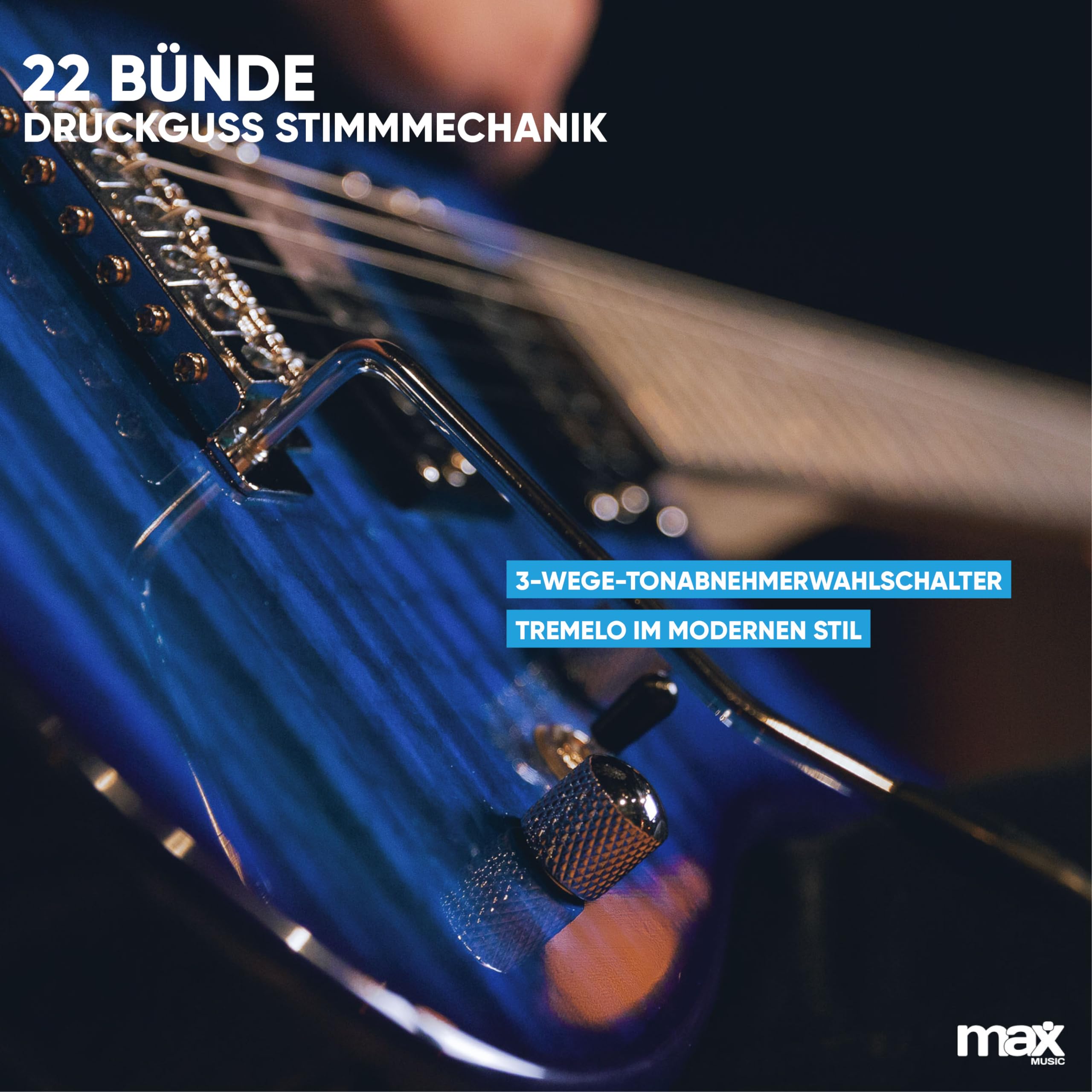 Max GigKit E Gitarre Quilted Style, E Gitarren Set mit Verstärker, Gitarrentasche, Plektrum, Stimmgerät Gitarre, Instrumentenkabel, Ersatzsaiten und Gitarrengurt, 22 Bünde - Dunkel Blau
