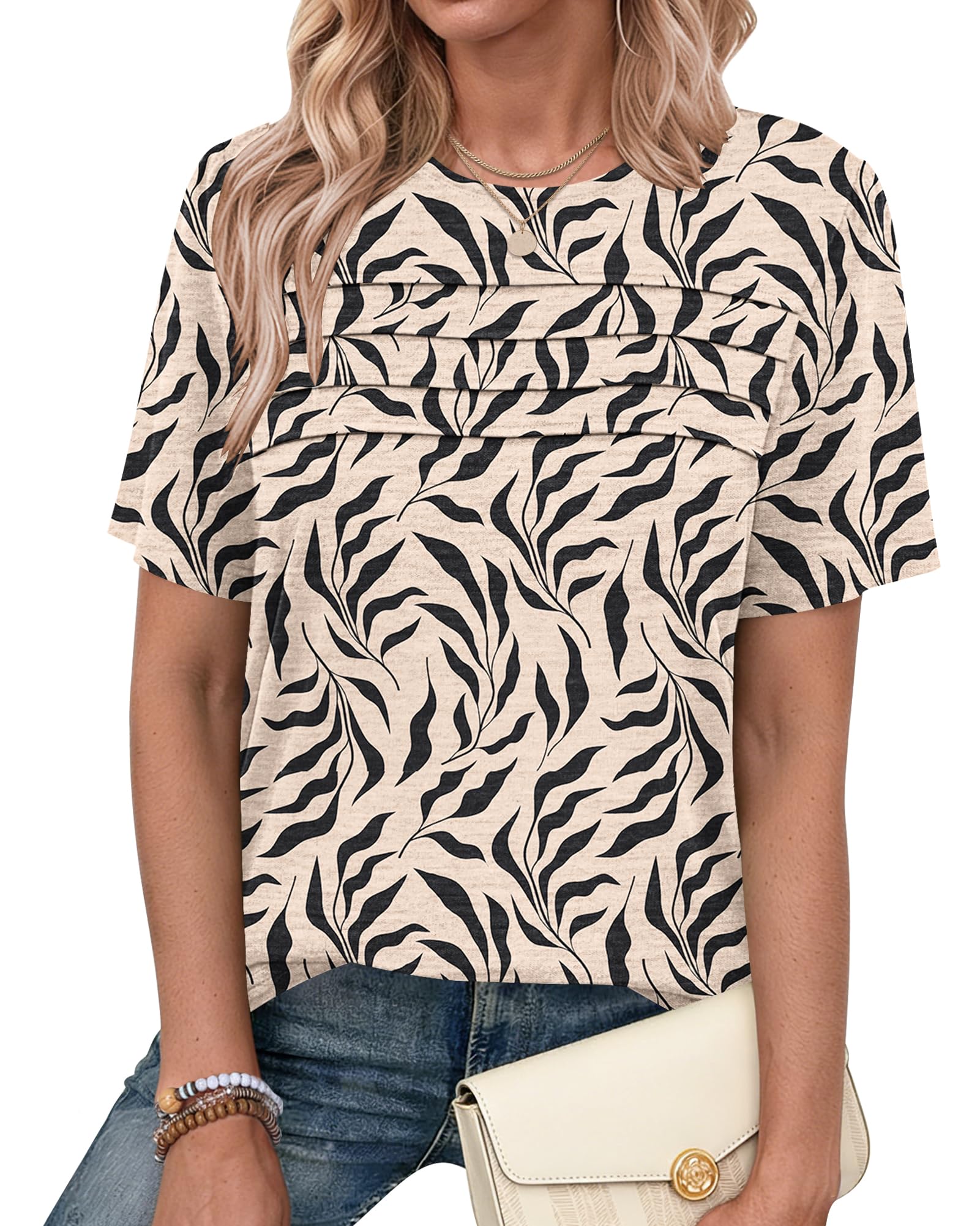 PLMOKEN Womens Summer Tops Short Sleeve Pleated Front Ladies T Shirts Round Neck Blouses Elegant Tunic Tops Casual — view 5