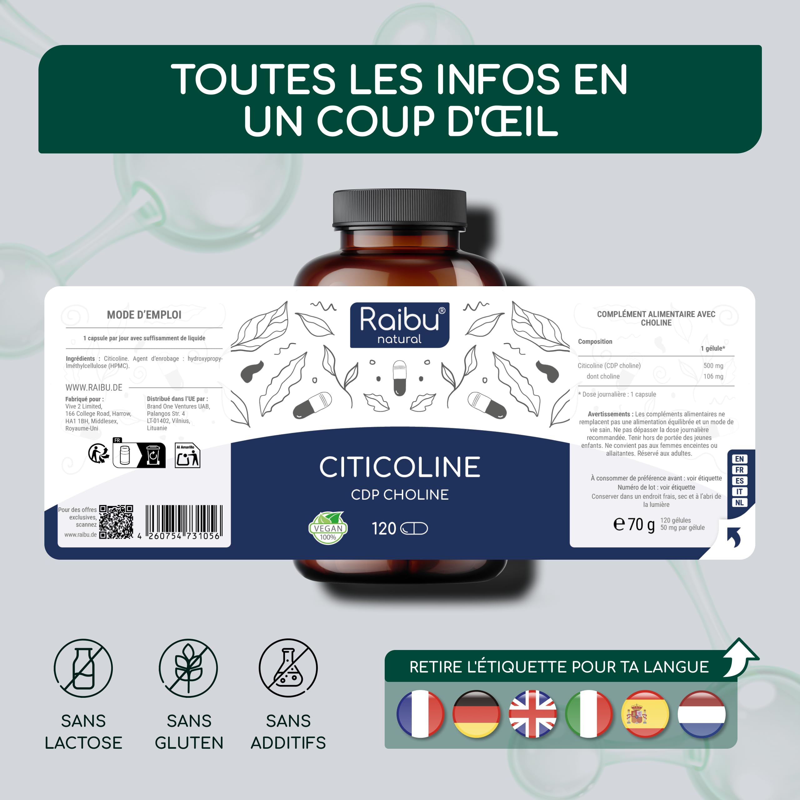 CDP-Choline (Citicoline) 500 mg - Cure de 4 Mois, 1 Gélule par Jour - Forme Bioactive de Choline - 120 Gélules de Citicoline - Sans OGM, Sans Additifs, Végan, Testé en Laboratoire