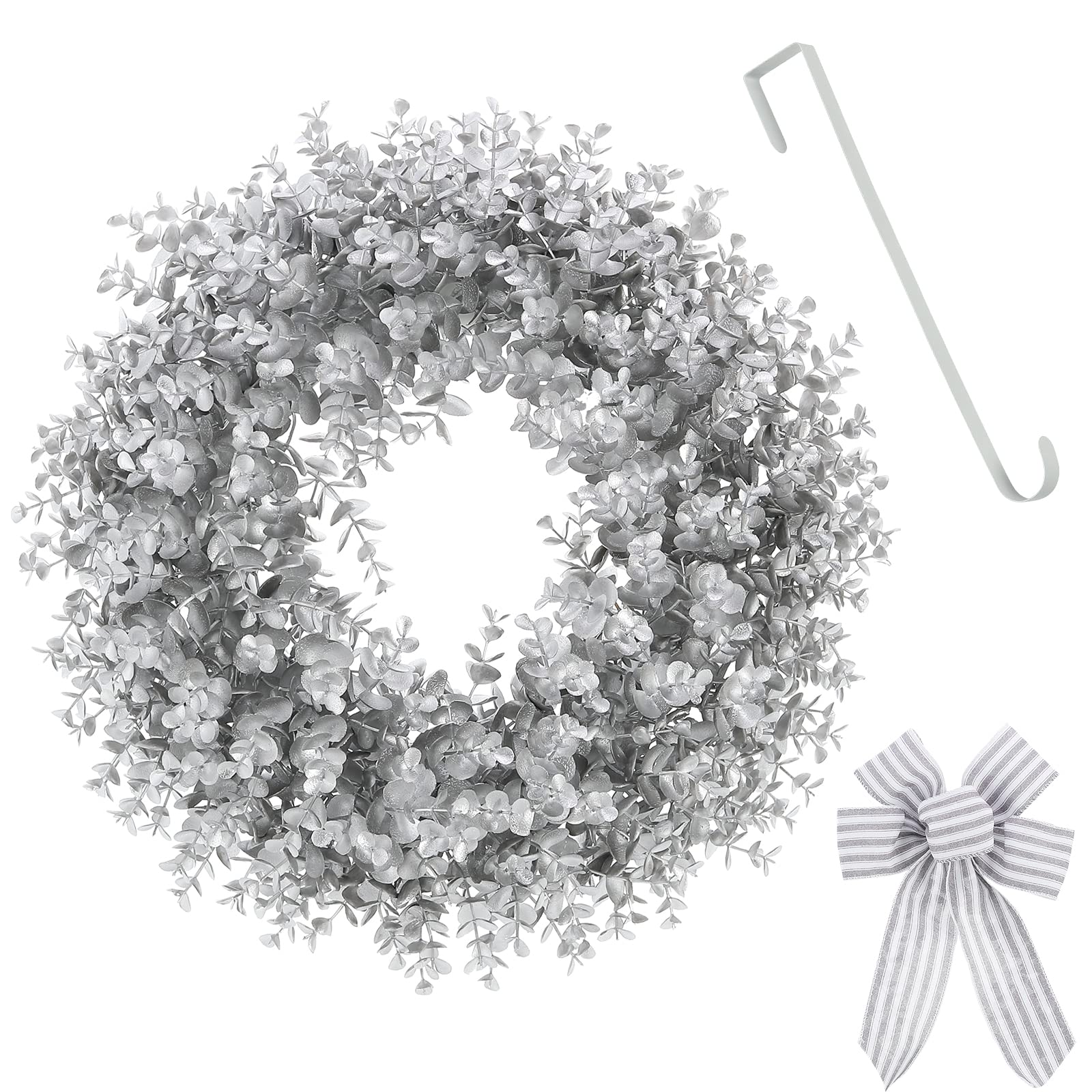 Couronne de Noël en buis de 45,7 cm avec nœuds et suspension de porte, convient pour porte d'entrée, salon, cheminée, fenêtre, ferme et couloir (argent)