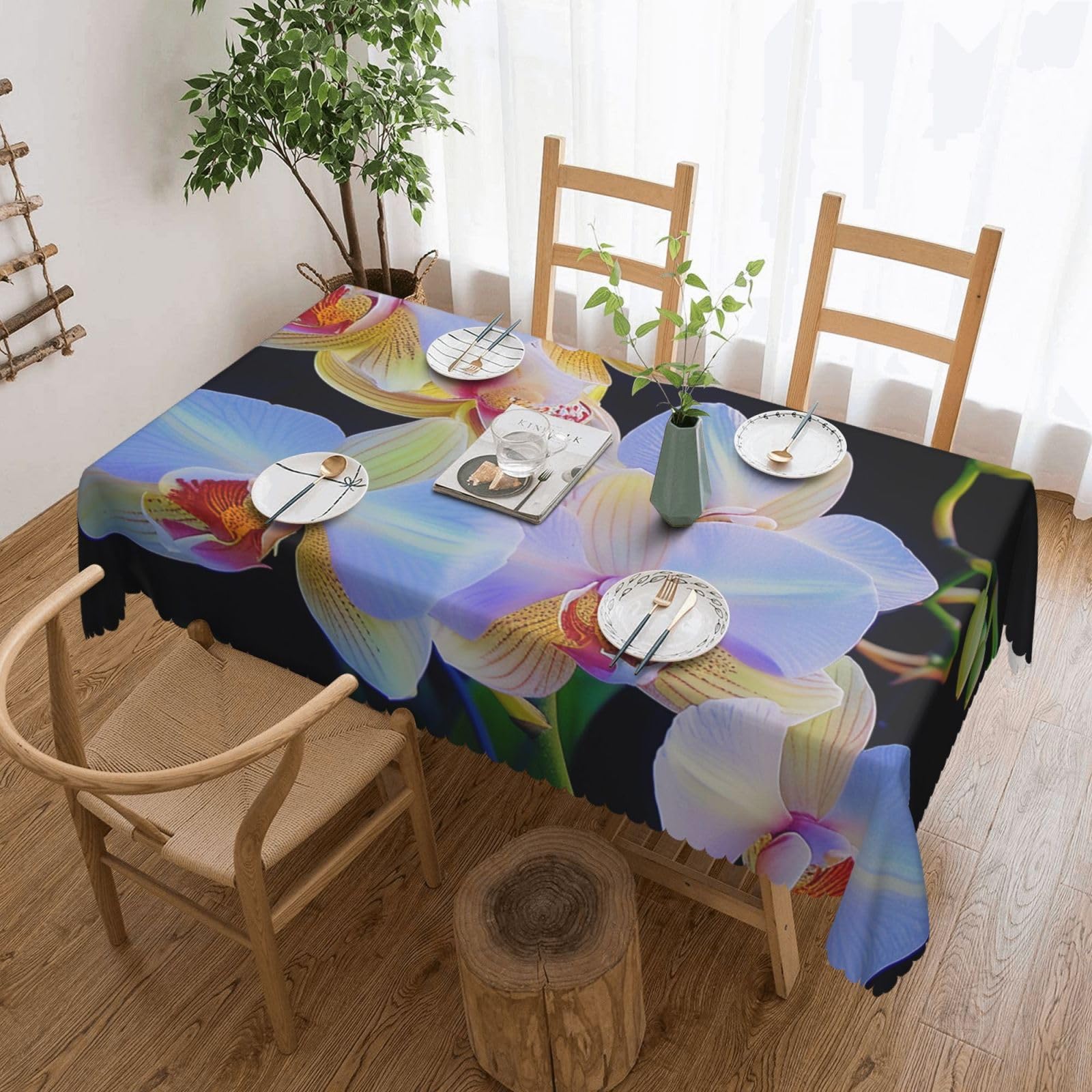 WPKJU Orchids Print Printed Rectangle Tablecloth 72x54 Inch with Lace Trim, Water-Resistant Washable Table Cover for Farmhouse Weddings, Outdoor Picnics & Holiday Dining