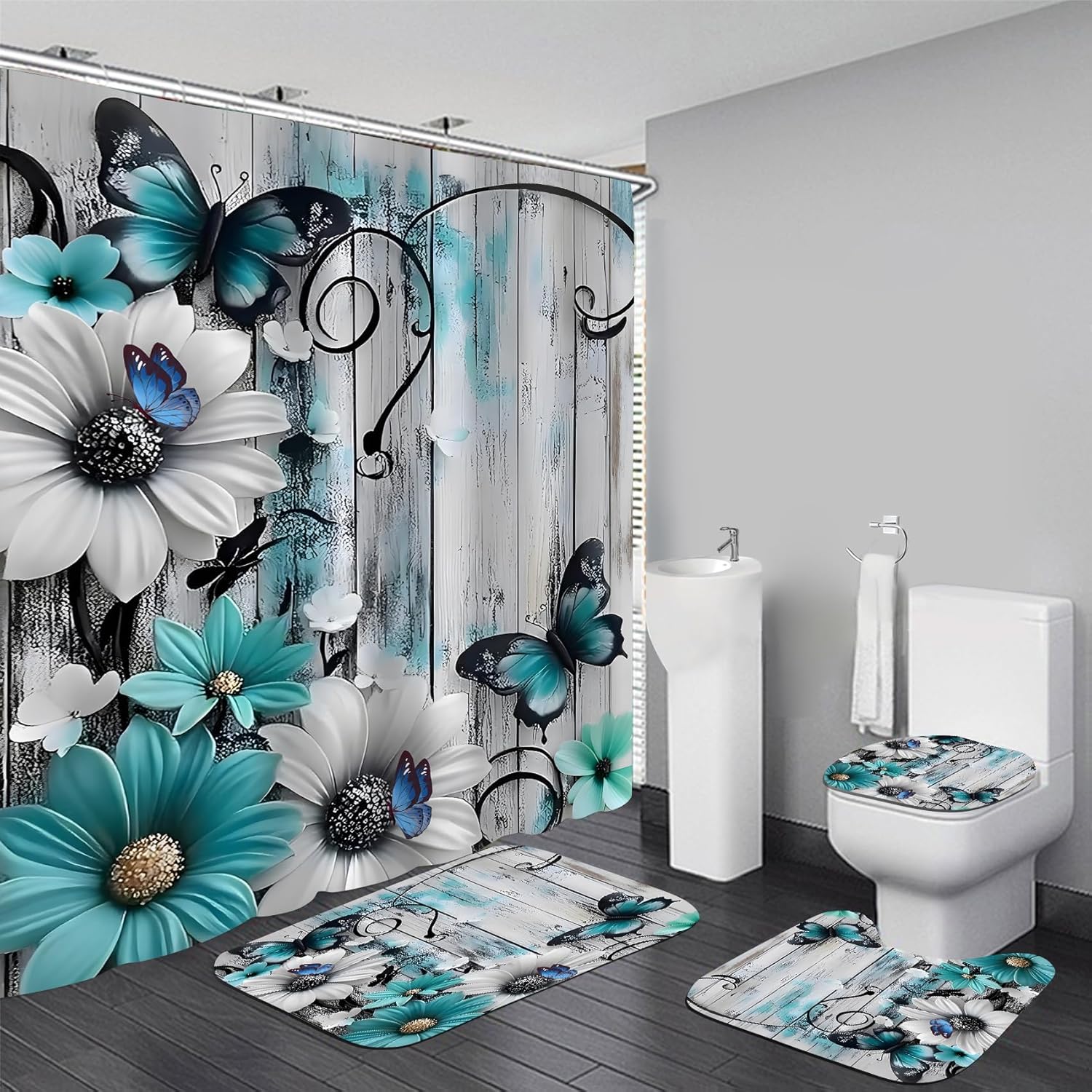 AZHM Relief Daisies and Butterflies Shower Curtain Set 4pcs Rustic Farmhouse Bathroom Decor Set with Shower Curtain and Rugs and Accessories