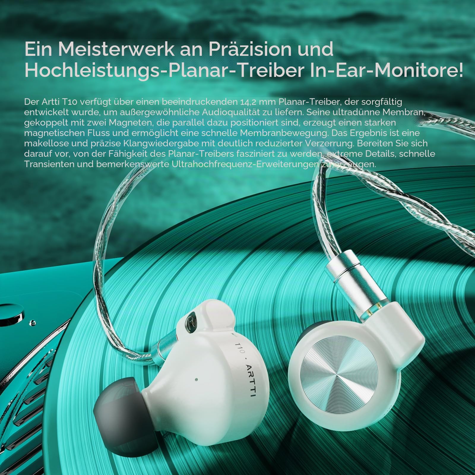 ARTTI T10 In-Ear-Kopfhörer, 14,2 mm, Dual-Magnetschaltung, Planar-Treiber, kabelgebunden, mit Kupfer, versilbertem, abnehmbarem Kabel, In-Ear-HiFi-Kopfhörer für Musiker/Sänger (3,5-mm-Stecker)