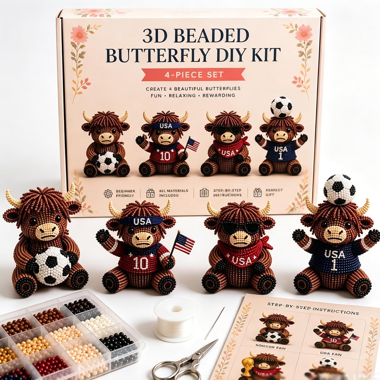 3D Highland Cow DIY Bead Kit, 3D Beaded Animal DIY Kit with 4 Cute Highland Cow Designs, Beginner Friendly Animal Beading Kit, Tiny Beaded Animal Craft Kit for Adults & Craft Lovers (#B)
