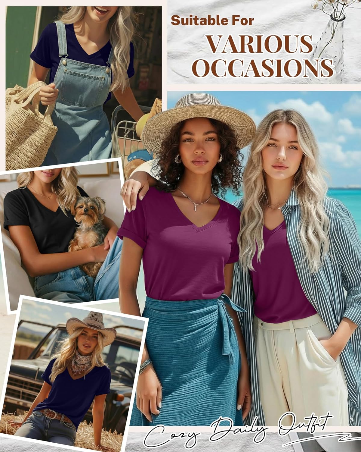 Ficerd 3 Pack Women's V Neck T Shirts, Summer Casual Short Sleeve Tops Loose Fit Rolled Sleeve Tees Trendy Shirts - Image 4