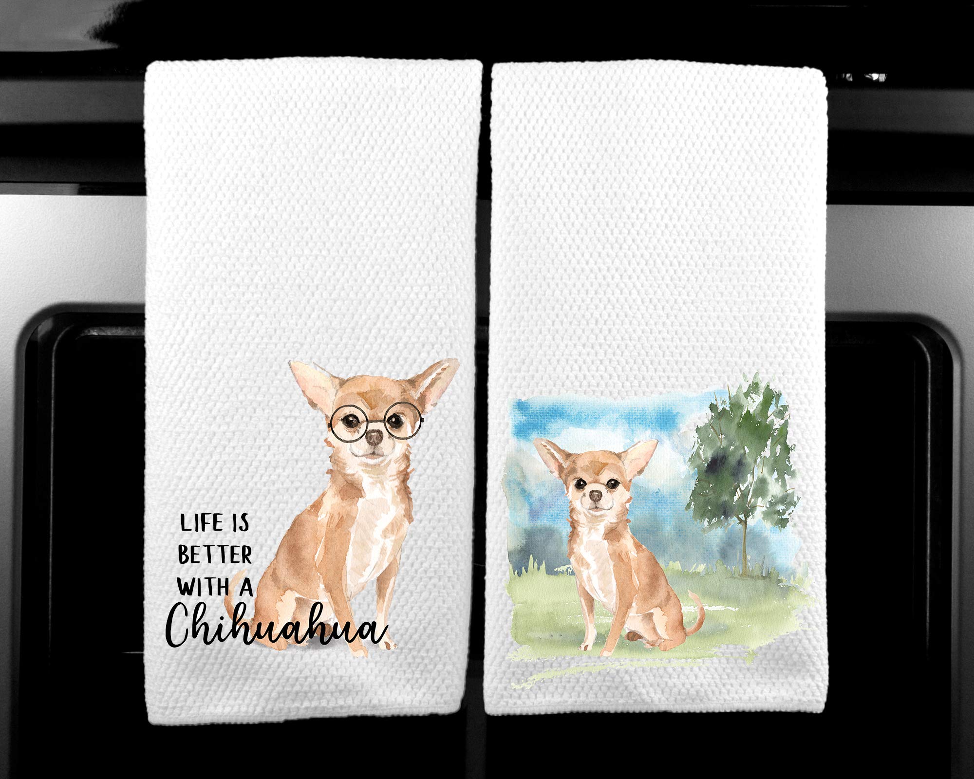 Chihuahua Landscape and Watercolor Dog Life is Better Microfiber Kitchen Tea Towel Set of 2