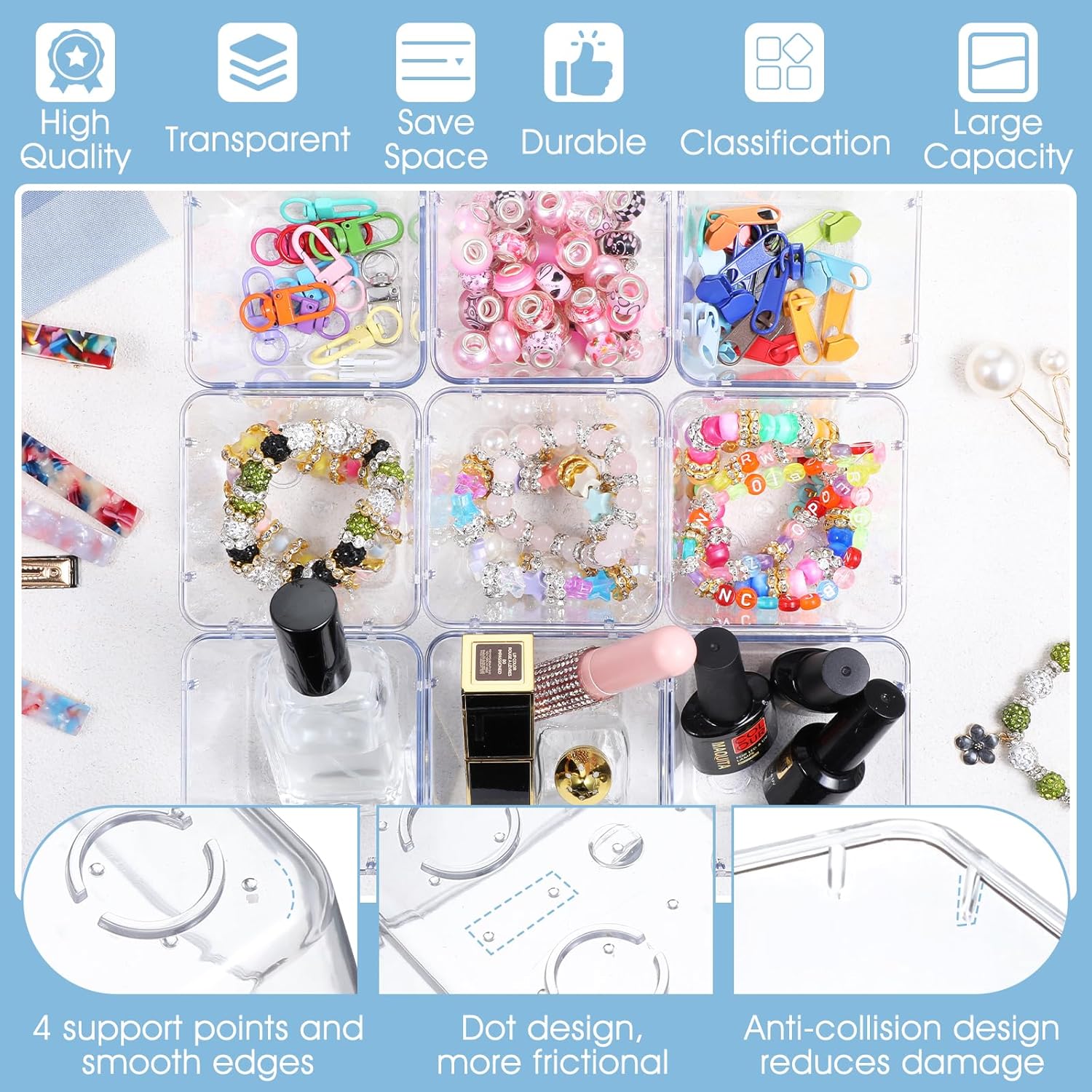 24 Pcs Clear Drawer Organizers 3" x 3" x 2" Stackable Small Makeup Vanity Storage Bins Small Desk Drawer Organization Clear Container Dividers for Makeup Vanity Office Bathroom Kitchen Utensil