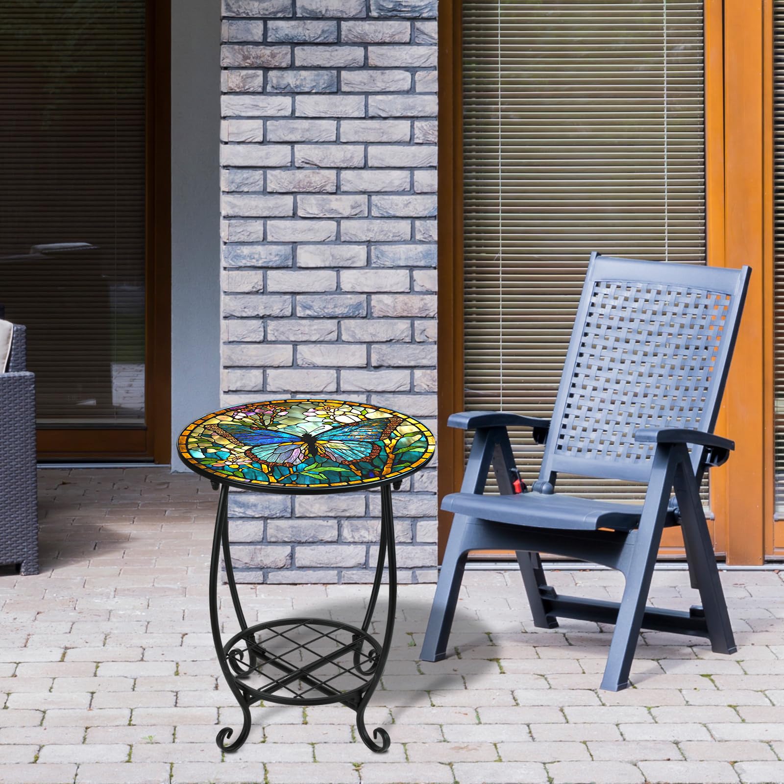 Mesa auxiliar redonda para exteriores, mosaico pequeño, decoración de patio, planta de metal, mesa de té para patio, porche, jardín, patio, sala de estar, dormitorio (estilo mariposa, 14 6