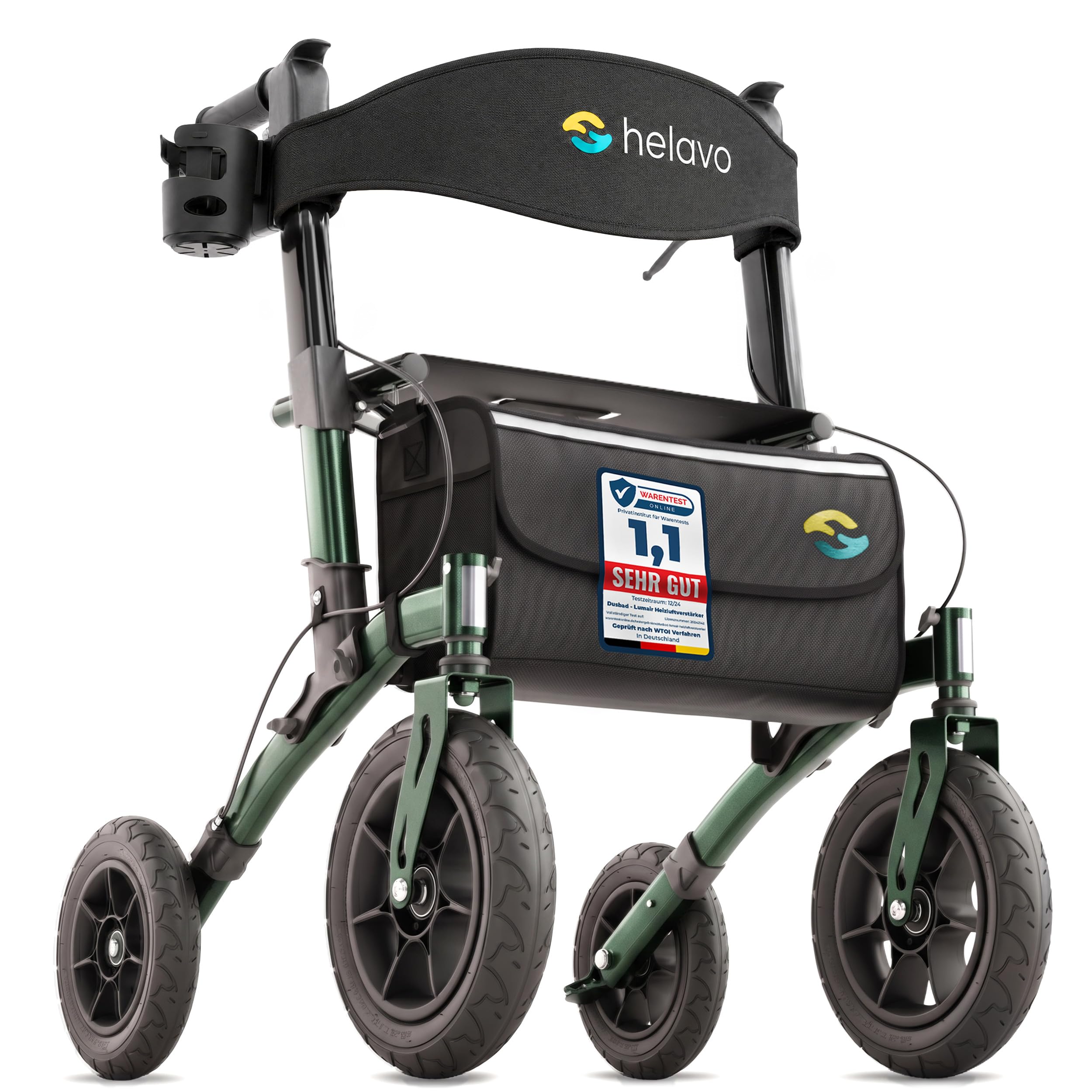 Helavo Outdoor-Rollator mit Luftbereifung - Faltbarer Rollator mit Sitz & Lehne für Draußen - Komfortable & stoßdämpfende 12"/10" große Räder - Gehhilfe für Waldwege, Gras & Strand | 12" Luftreifen für maximalen Komfort - Mit Sitz & Rückenlehne - Nur 9,5