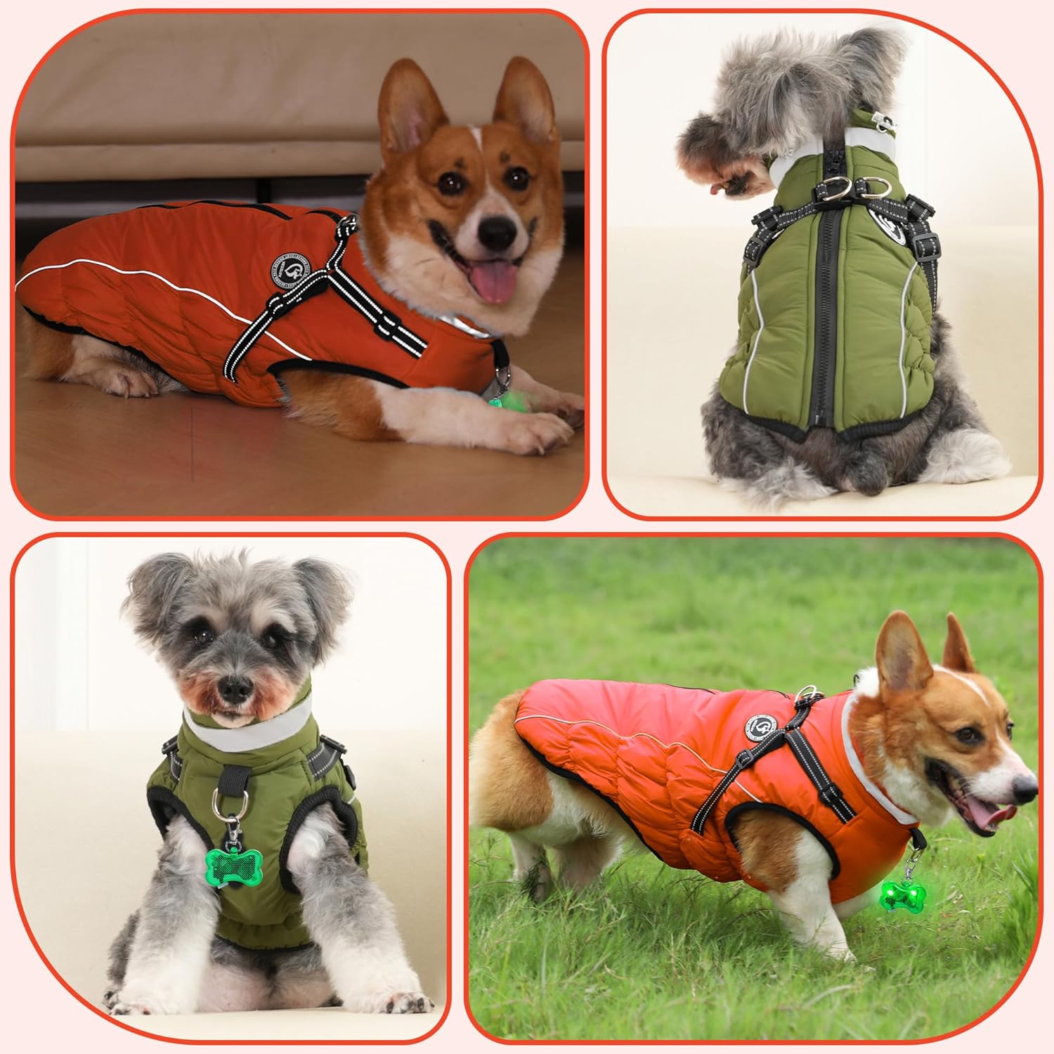 Waterproof Dog Jacket with Built-in Harness, Winter Snow Dog Warm Coat for Small, Medium Dogs, Cold Weather Cozy Vest Clothes with Luminous Pendant and Reflective Strips, Adjustable Straps