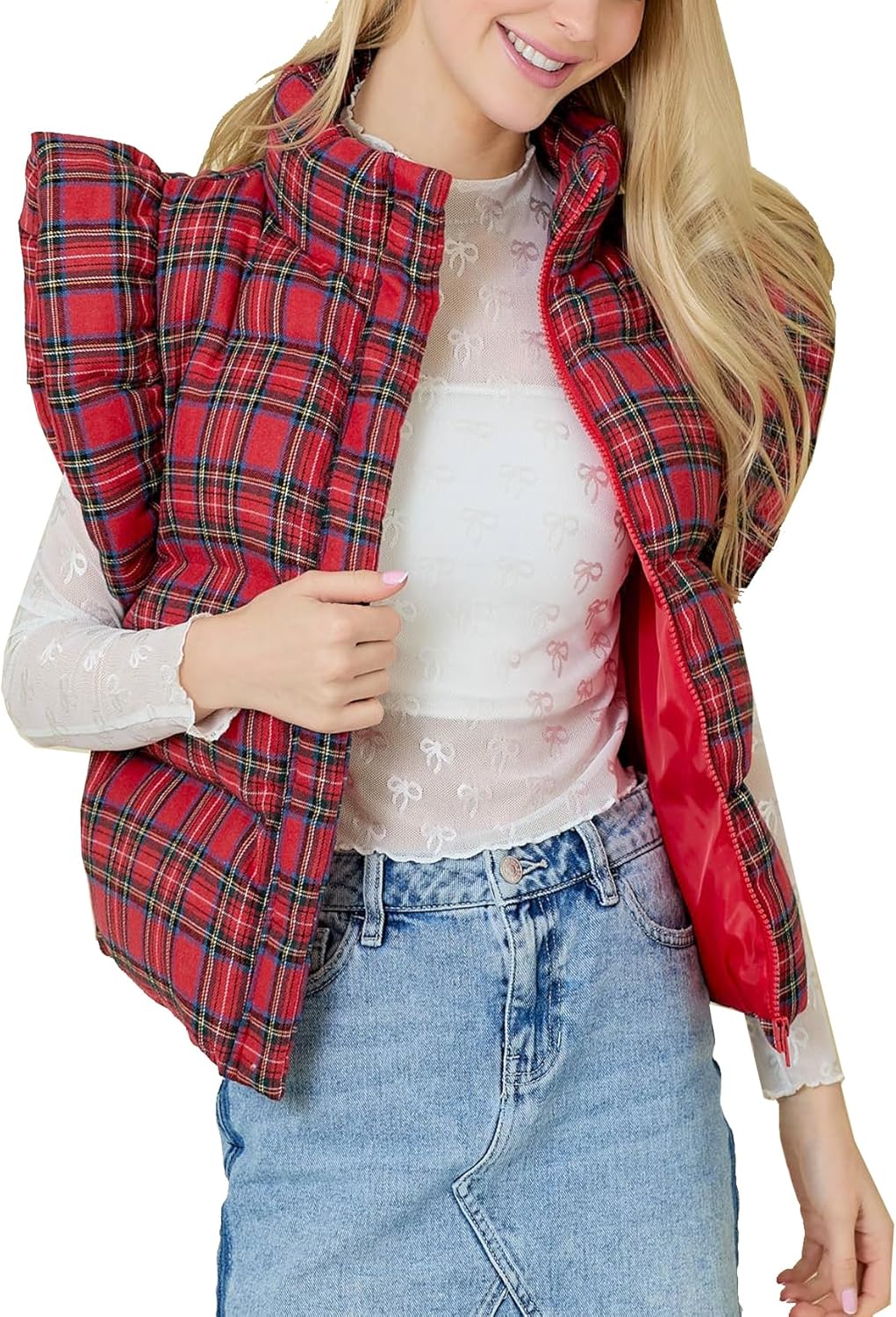 Kedera Womens Christmas Plaid Puffer Vests Ruffle Sleeveless Lightweight Quilted Vest Fall Winter Padded Gilets Coats