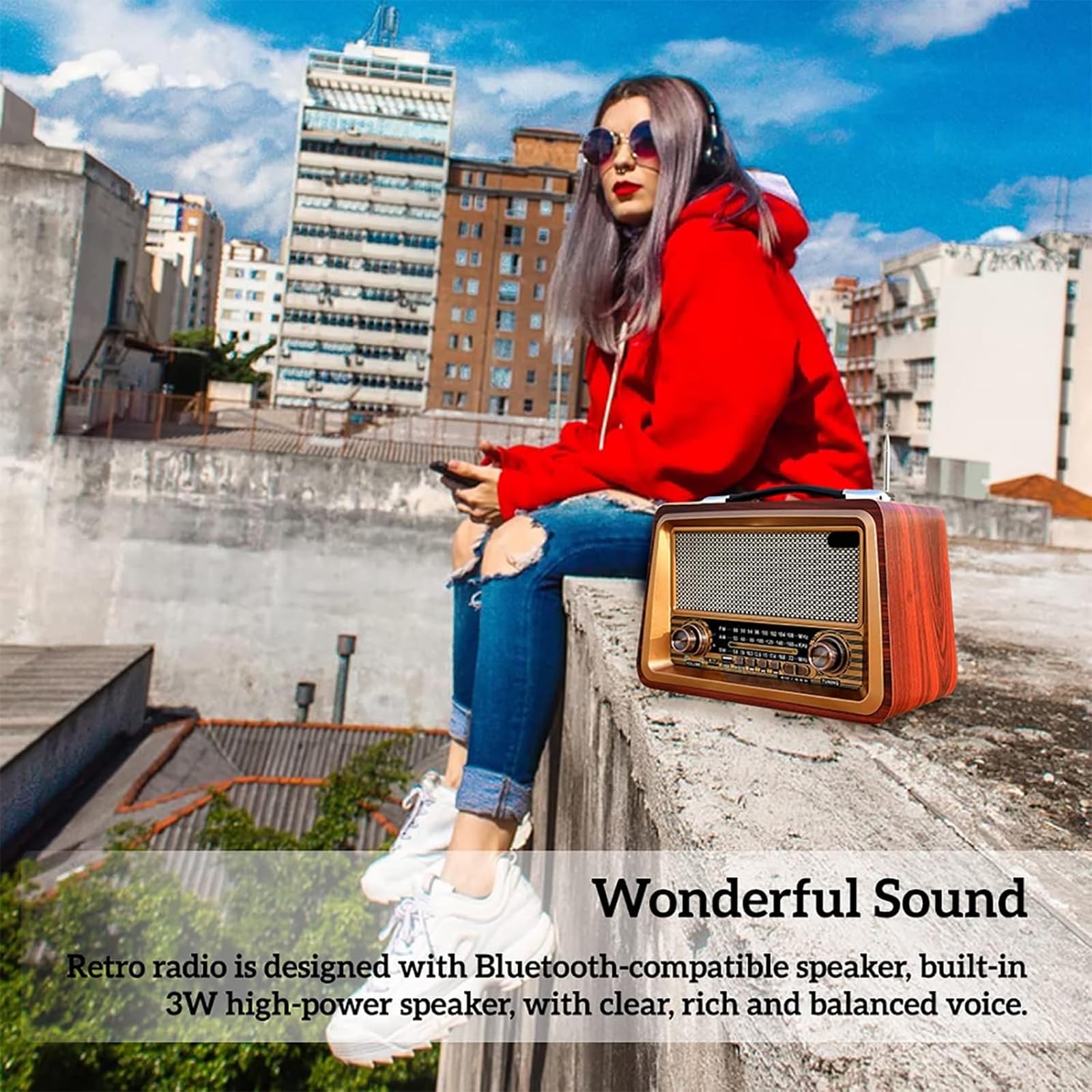 TsoLay Radio Portable, Radio FM AM SW rétro, Lecture de Carte AUX/TF/Disque U, Bouton + Bouton + Levier, Fonctionne sur Batterie Rechargeable, extérieur en Bois Fait à la Main, pour la Maison