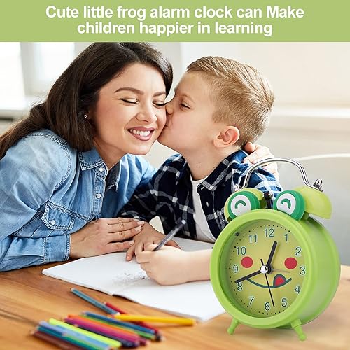Miniatura 7 de QearFun Reloj despertador de rana para niñas, niños, rosa, kawaii, doble campana, despertador, para decoración de dormitorio, regalos de rana, reloj