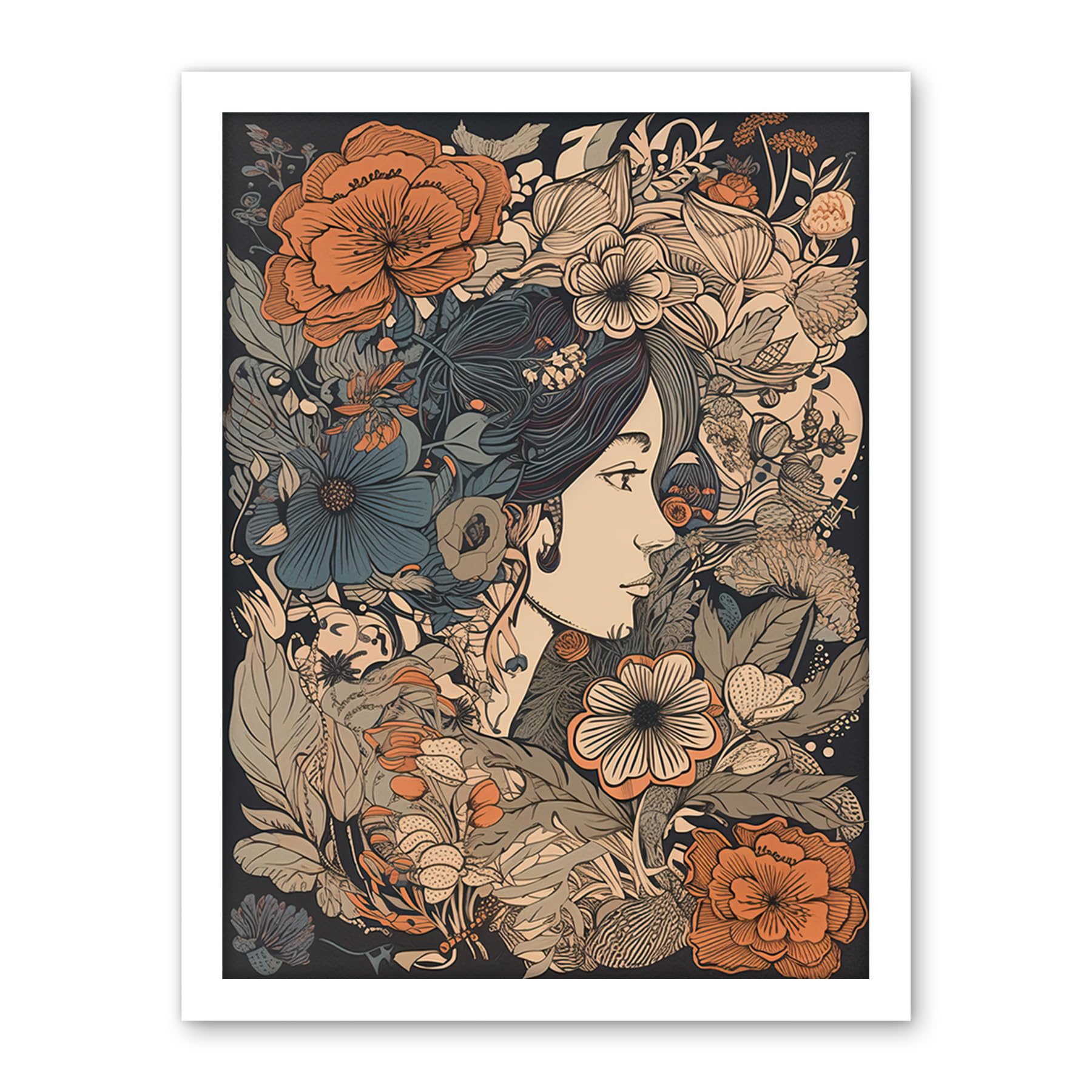 Artery8 Woman Floral Profile Portrait Boho Art Nouveau Artwork Framed Wall Art Print 18X24 Inch